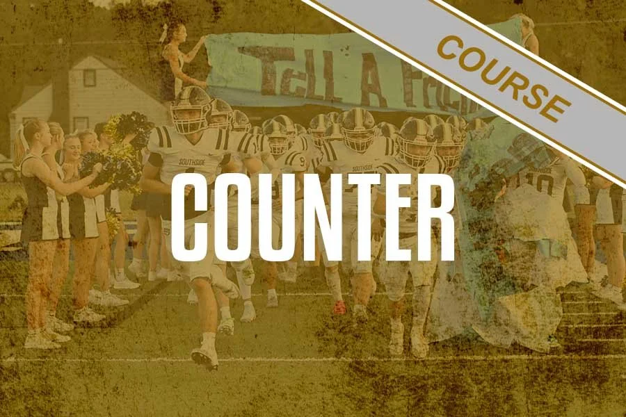 A group of football players running onto the field with cheerleaders and spectators cheering them on. The image has an overlay of the text 'Counter' and a banner labeled 'Course'.