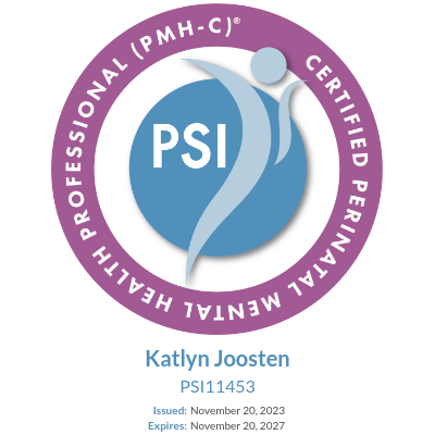Psychological Services Institute (PSI) certification badge with a stylized human figure, purple border, and text with name Katlyn Joosten and certification details.