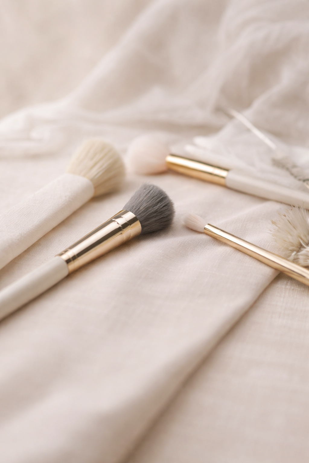 Professional makeup brushes styled on a neutral surface for bridal makeup application.