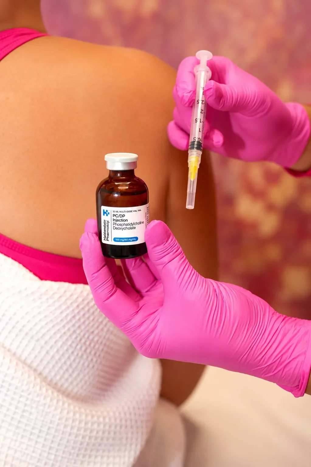 A person wearing pink gloves holding a brown vial labeled 'PC/DP Injection Phosphatidylcholine DeoxyCholate' and preparing to administer a shot into their shoulder with a syringe.
