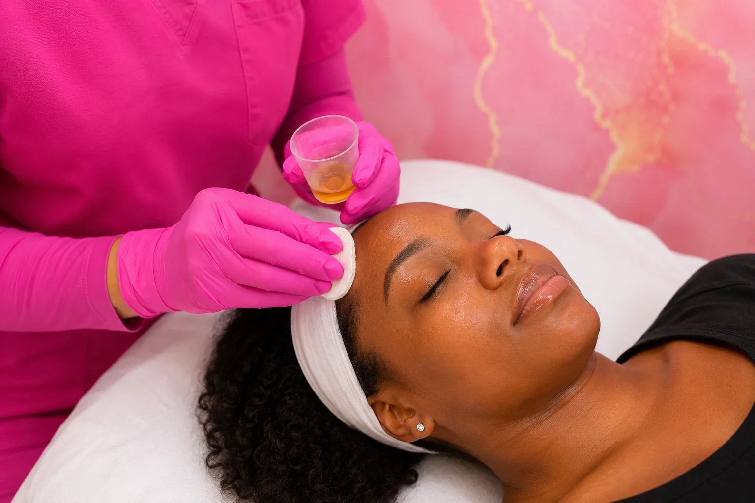 A woman receiving an facial treatment from a skincare professional wearing pink gloves, in a spa setting with pink and yellow decor.