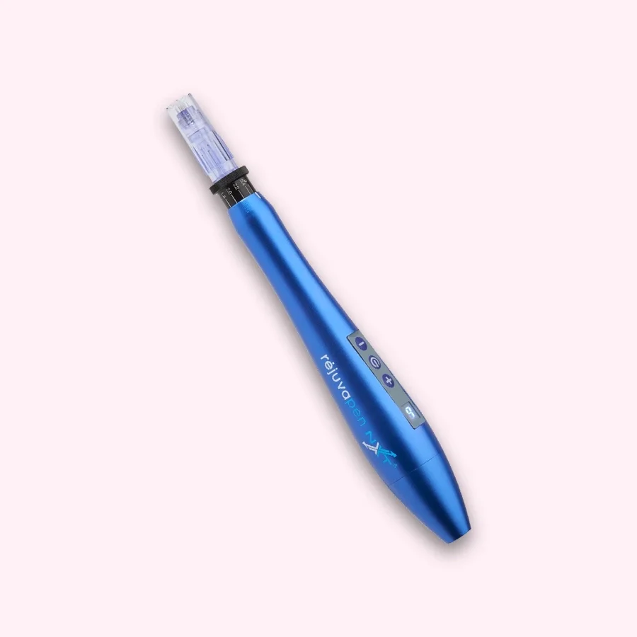 A blue refillable pen with digital buttons and a transparent refill cartridge on a light pink background.