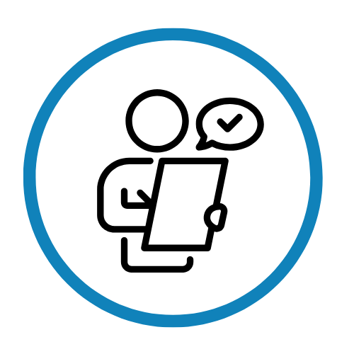 Icon of a person reading a tablet with a checkmark in a speech bubble