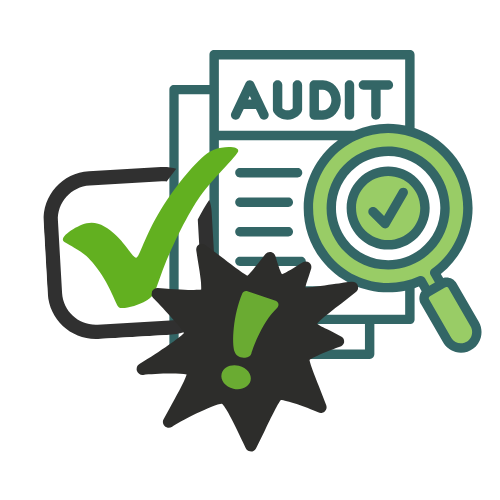 Illustration of an audit checkmark, magnifying glass, and warning icon, representing audit and compliance review.