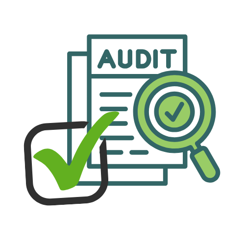 Audit documents with a magnifying glass, checkmark, and checklist papers.