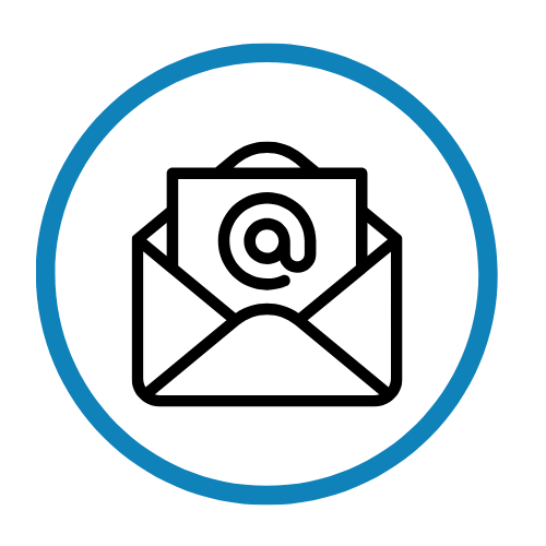Icon of an email envelope with an '@' symbol in the center, inside a blue circle.