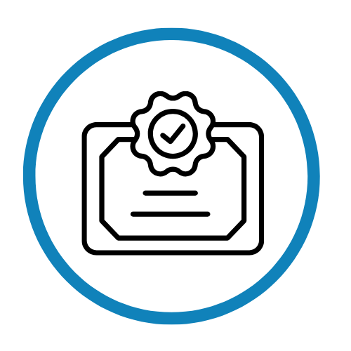 Certification badge with a check mark inside a gear shape, enclosed in a circle.