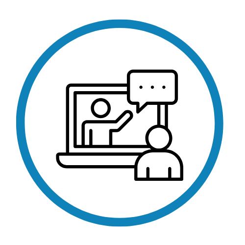 Icon of a person giving a presentation to an audience member, with a speech bubble indicating conversation or communication.