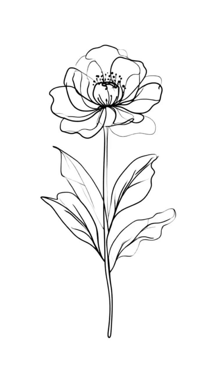 Black line drawing of a flower with multiple leaves on a white background.