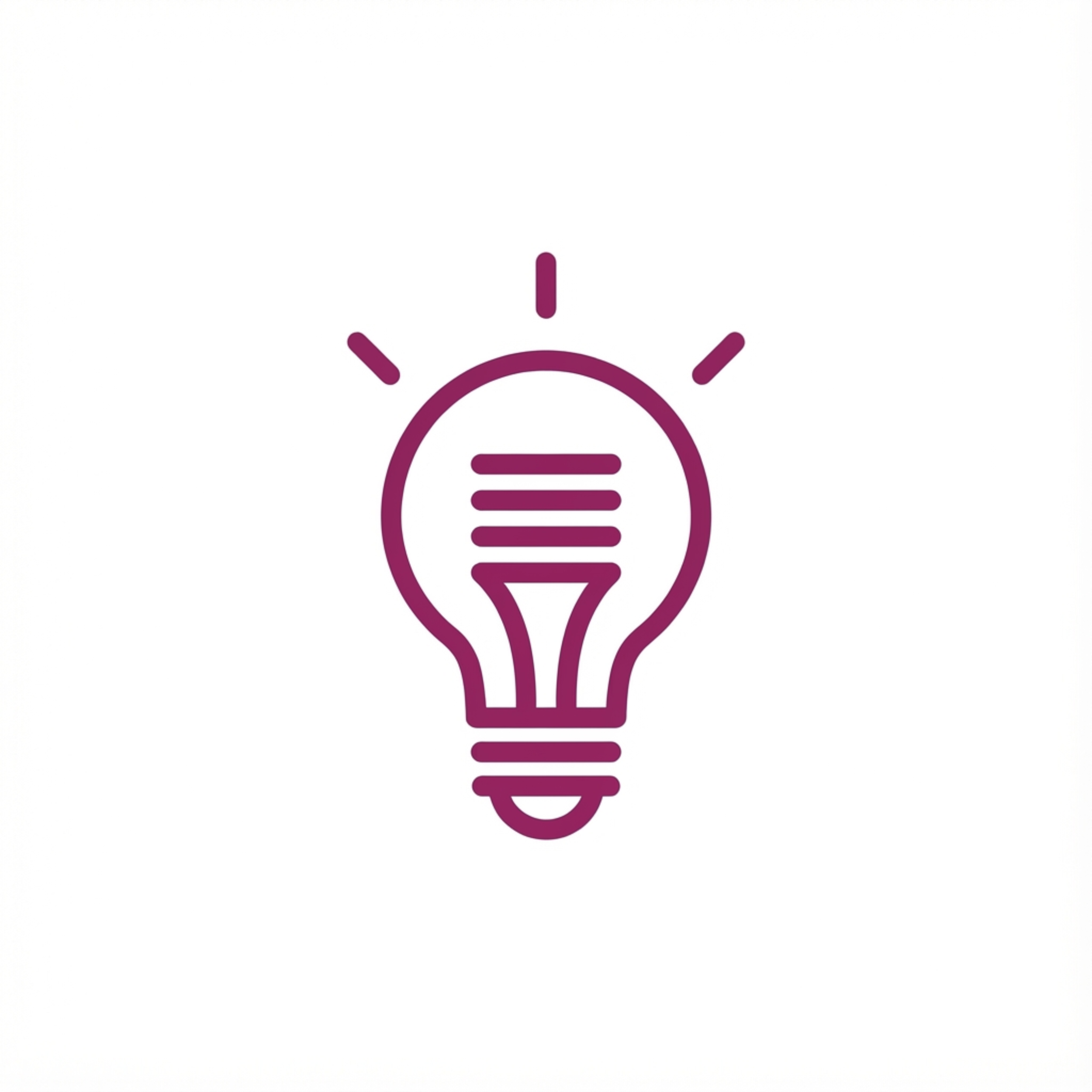 Icono de una bombilla de luz en color morado con líneas de luz irradiando desde la parte superior