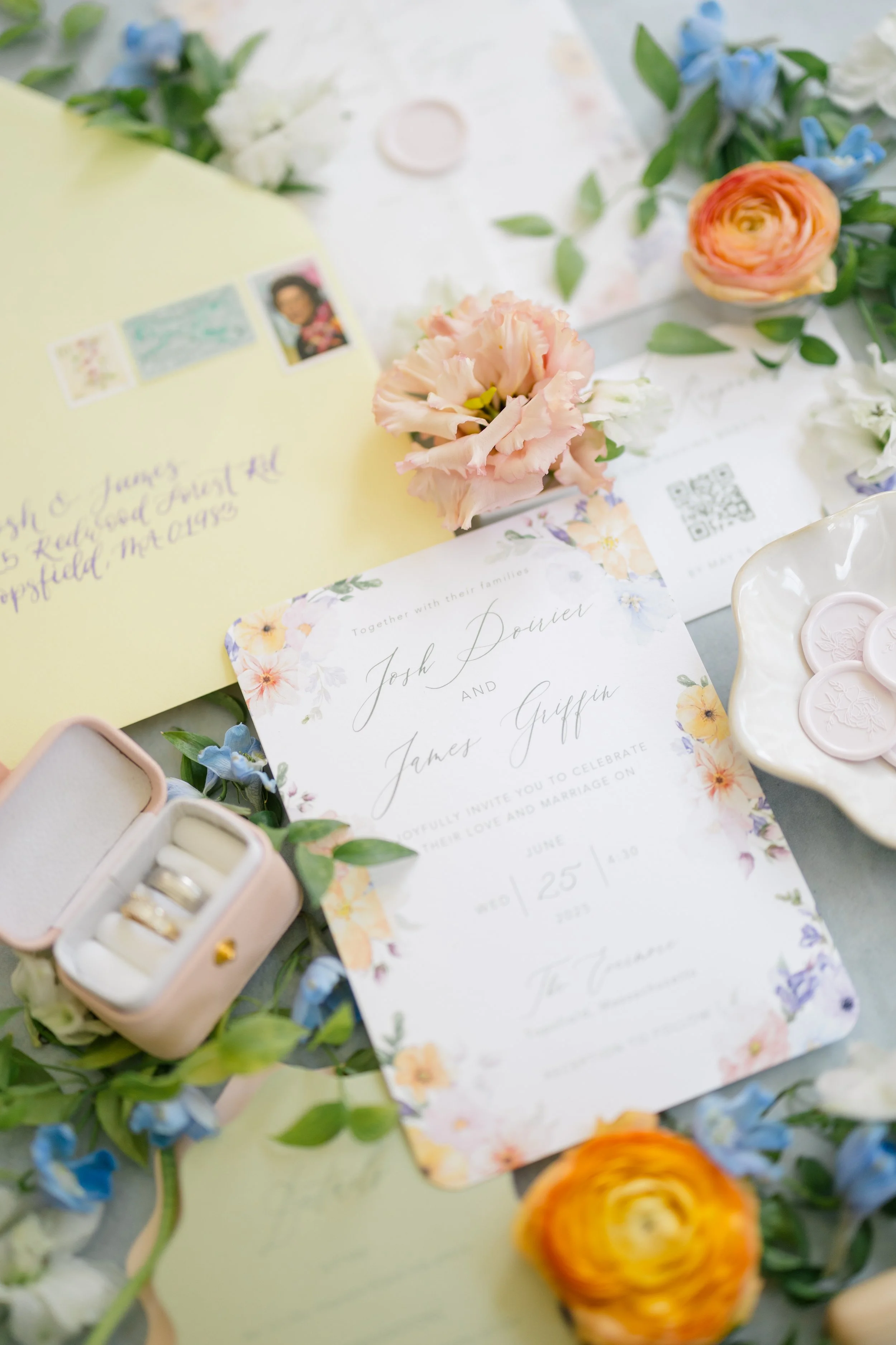 Custom bespoke garden party colorful wedding invitation suite featuring florals, wax seal, and a modern elegant layout  - The Evermore