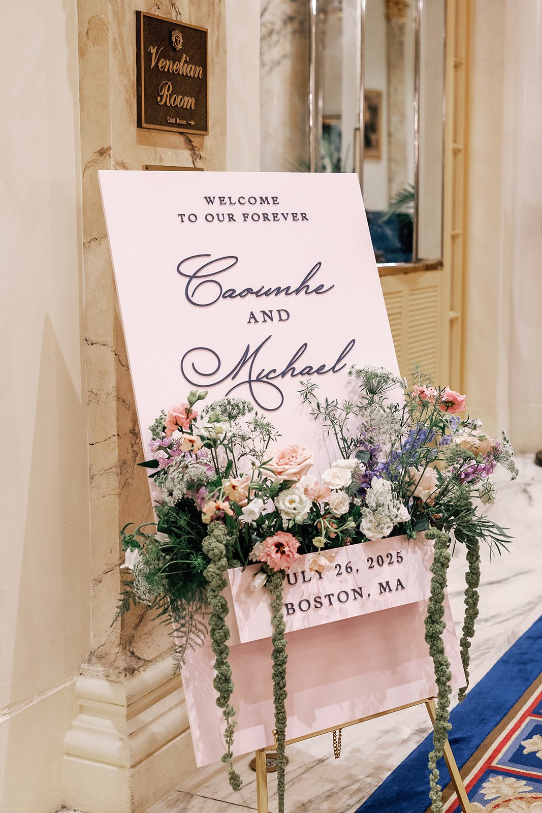 Custom wooden floral welcome sign with 3D acrylic lettering for Boston wedding reception at Fairmont Copley Plaza