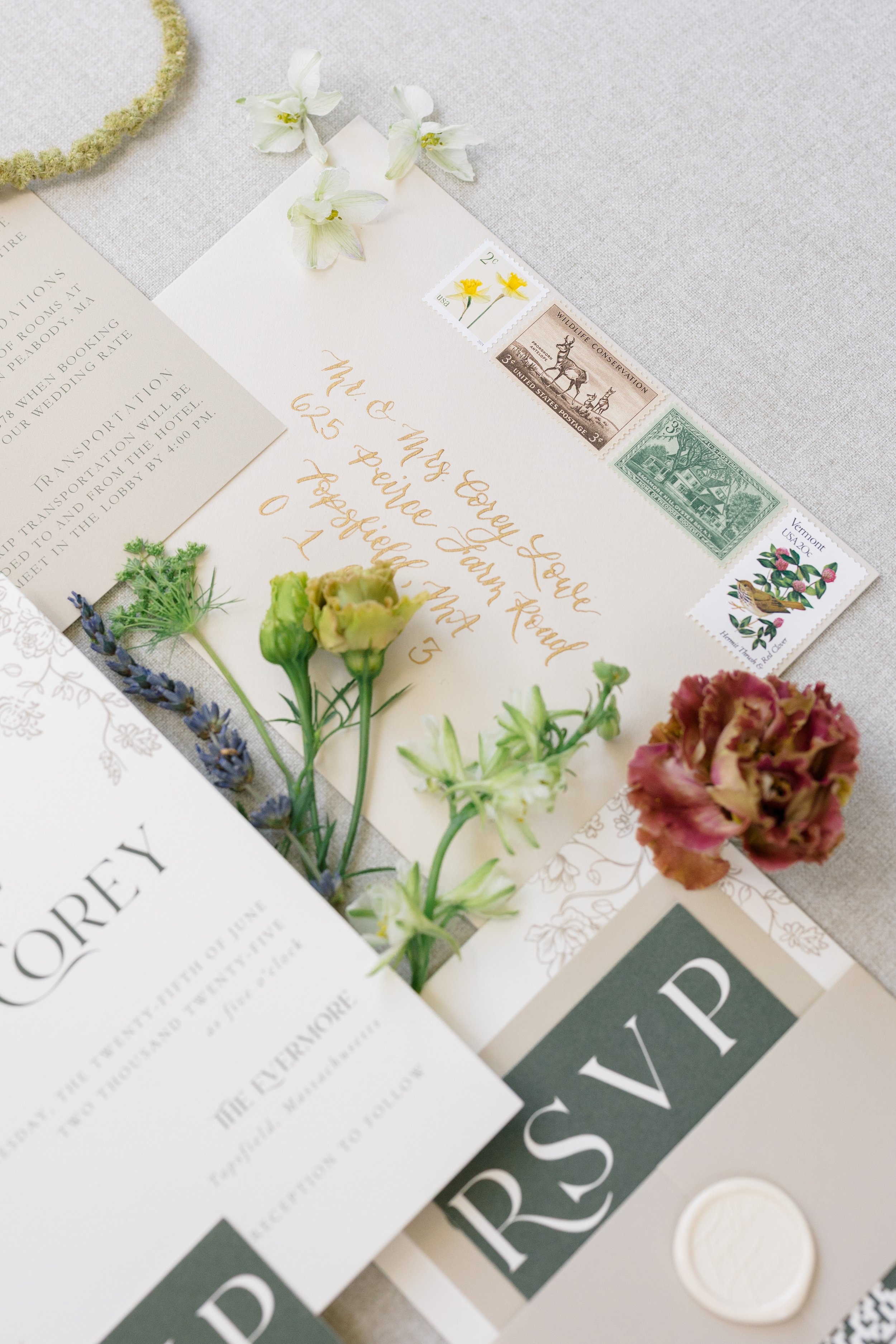 Custom bespoke neutrals and green refined wedding invitation suite featuring belly band and wax seal, and a modern elegant layout - The Evermore