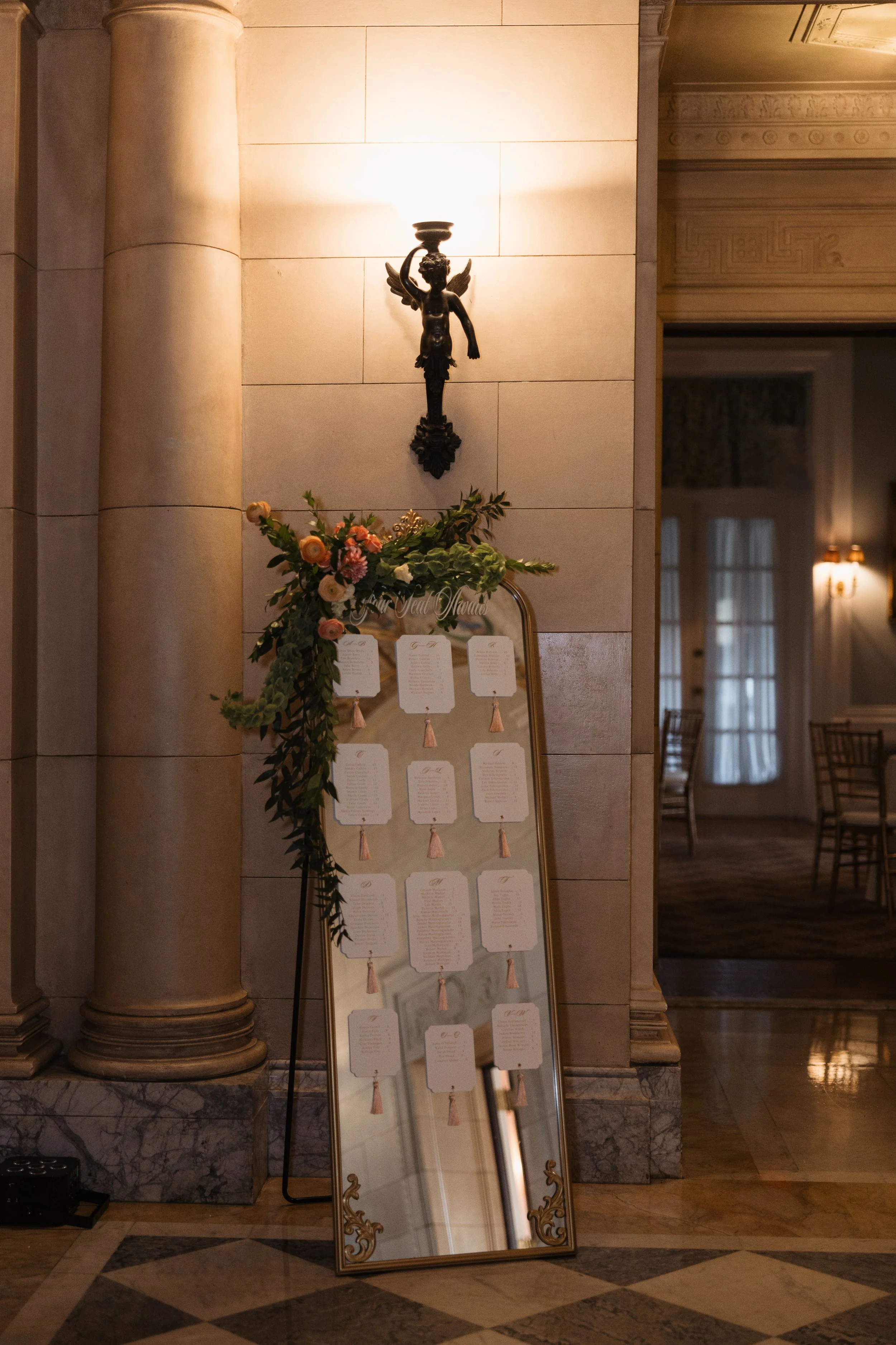 Card stock and tassel seating chart for a wedding at Aldrich Mansion in Warwick, RI