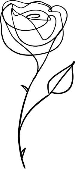 Line drawing of a rose flower with a leaf.