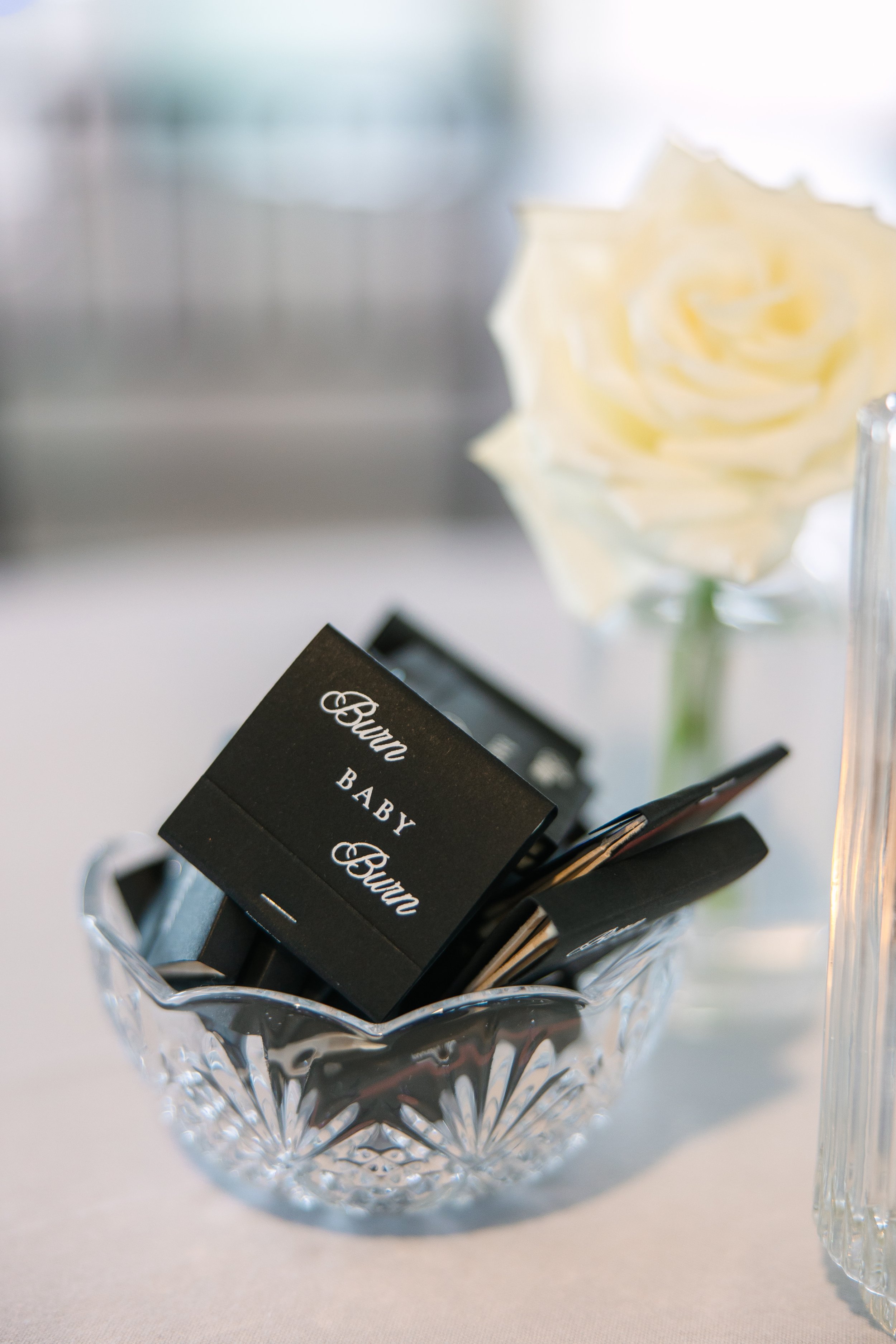 Personalized black and white wedding matches on luxury card stock featuring a modern elegant layout at a Boston wedding reception - State Room