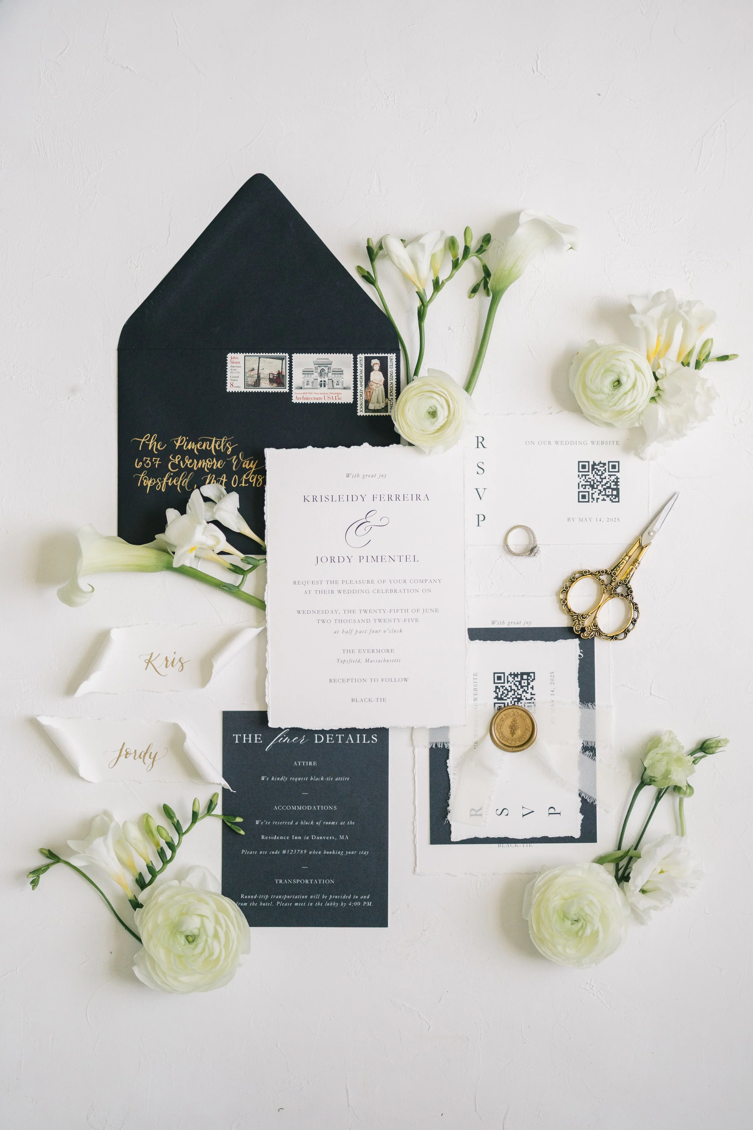 Custom, cotton paper, black and white deckled-edge bespoke wedding invitation suite with a antique wax seal, hand-lettered calligraphy, and vintage stamps for a New England wedding at The Evermore in Topsfield, MA