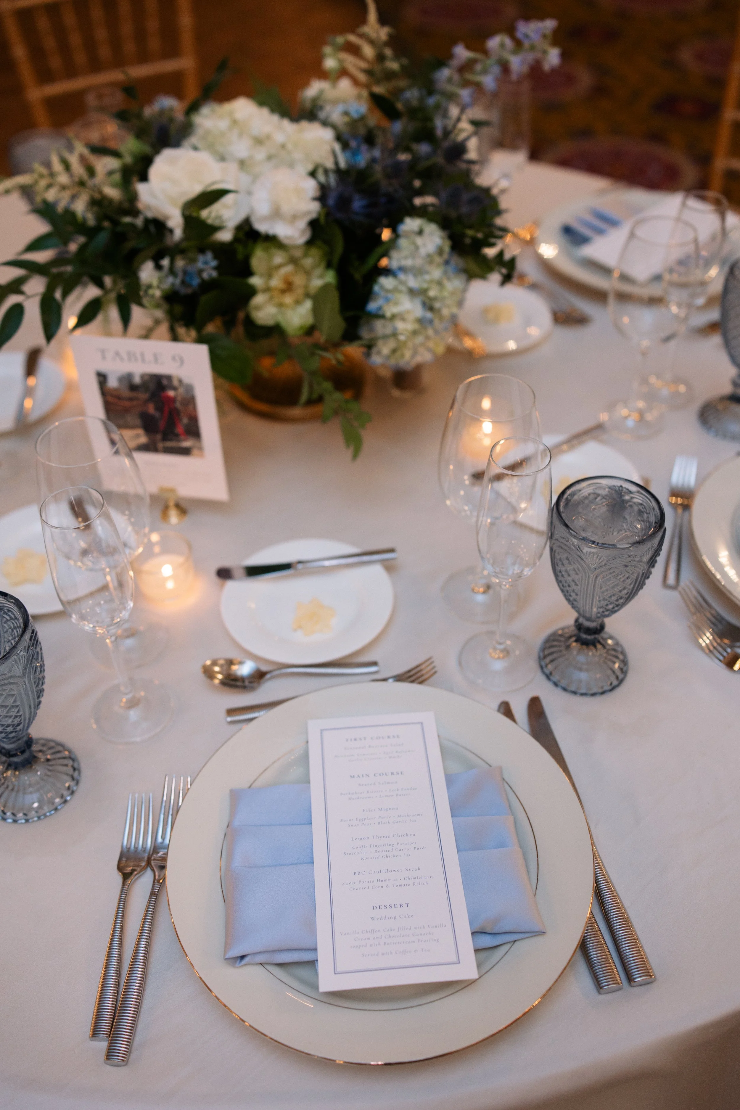Custom dusty blue coastal inspired dinner menus at the Fairmont Copley Plaza