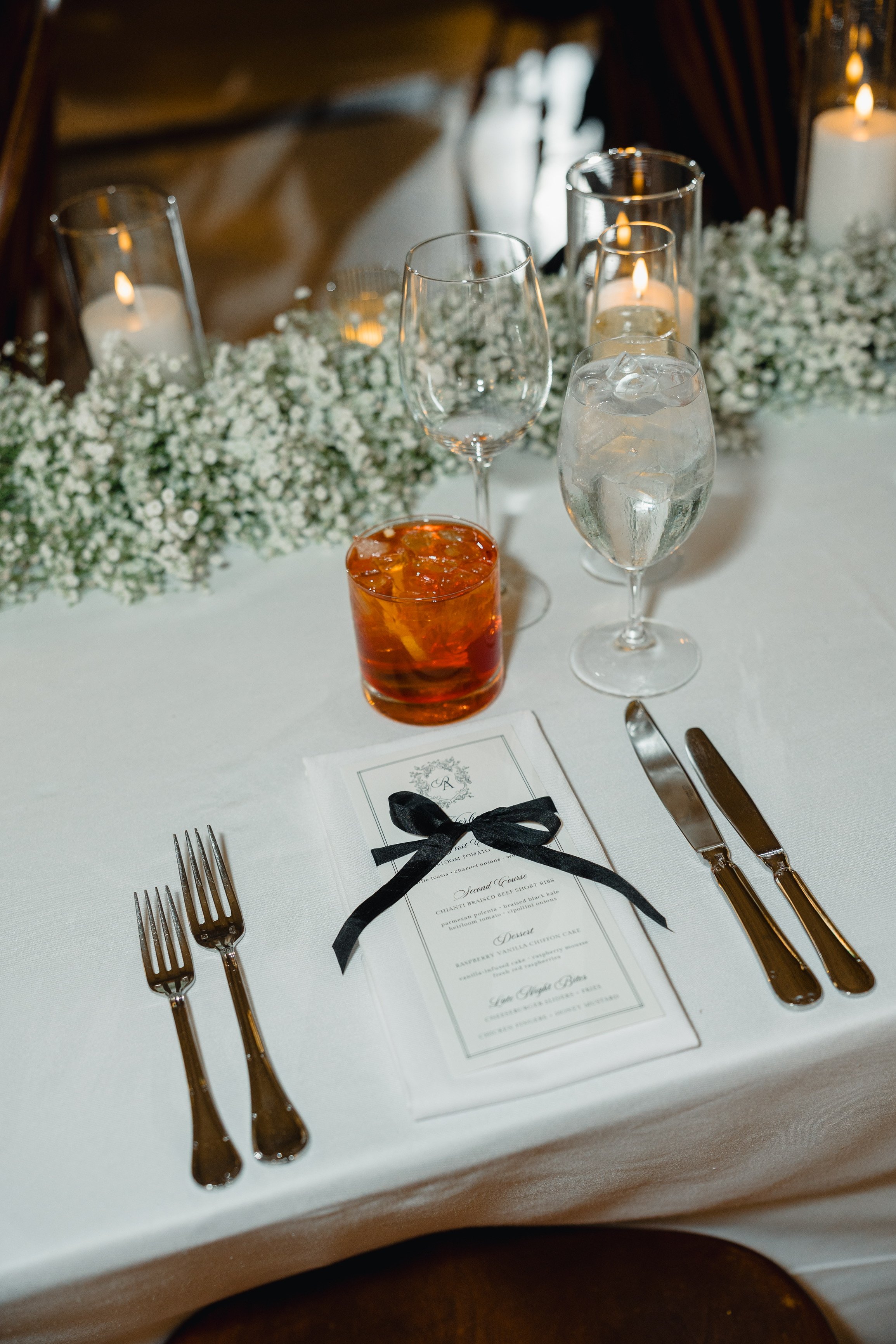 Custom personalized dinner menu on luxury card stock with black silk ribbon tie - Boston Public Library