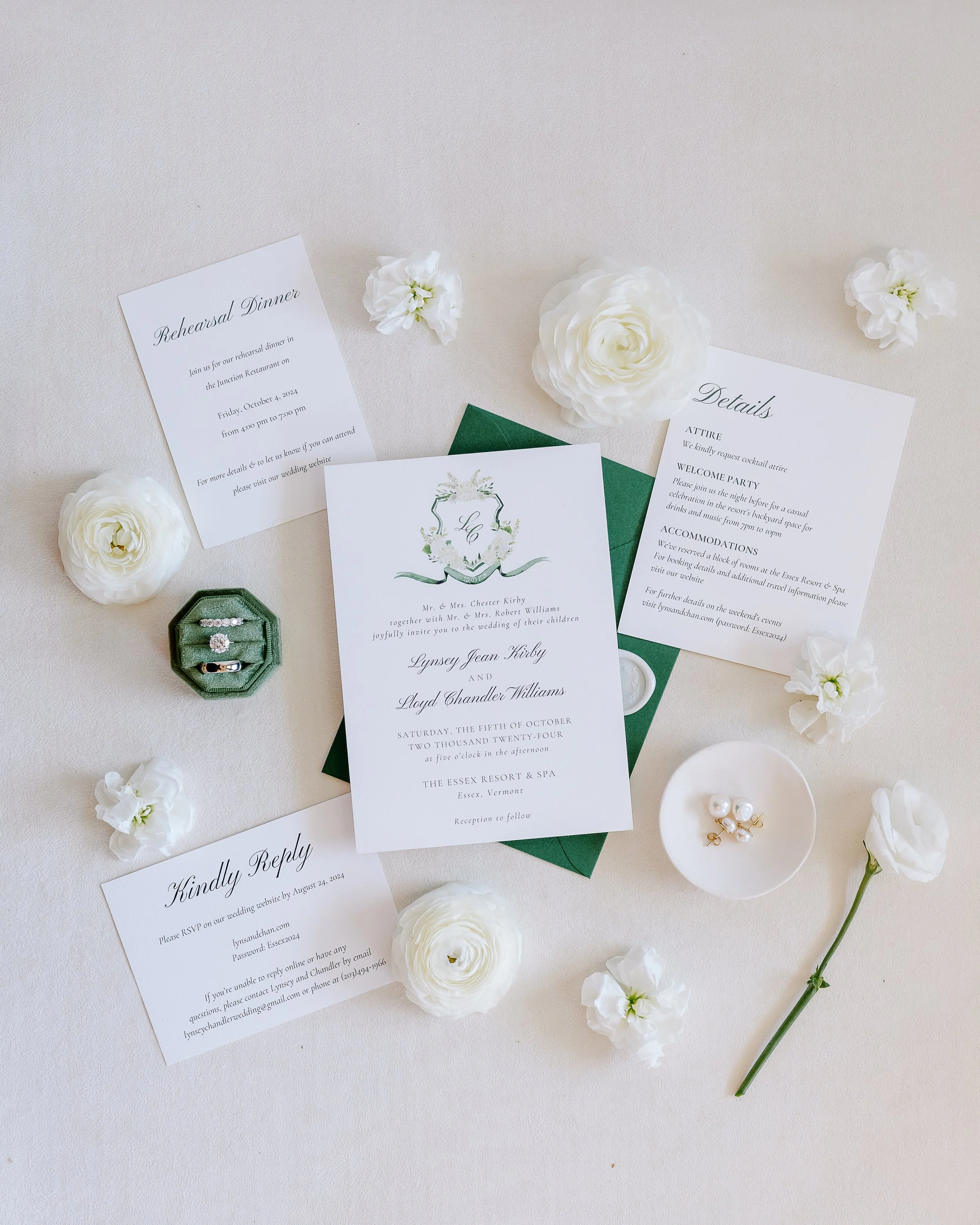 Custom Vermont green wedding invitation at the Essex Resort & Spa