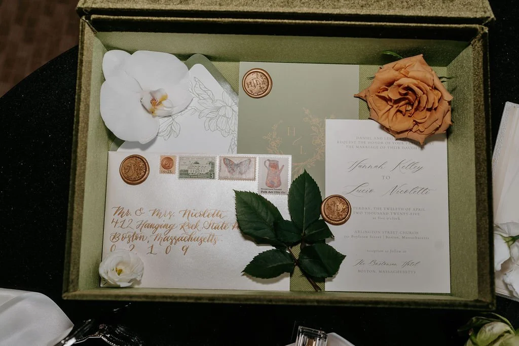 Custom bespoke wedding invitation suite with hand-lettered calligraphy and vintage stamps for a Boston wedding.
