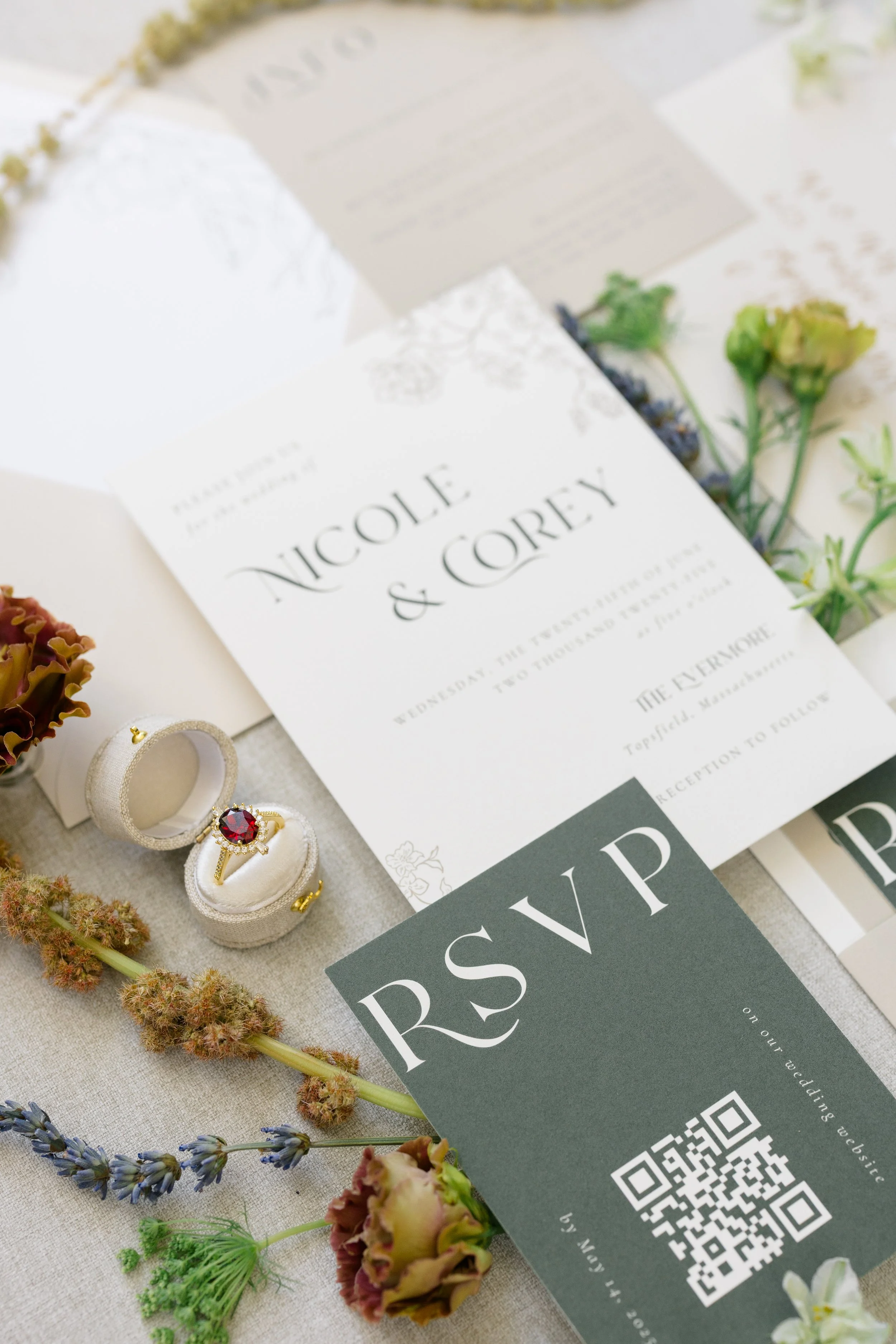 Custom bespoke neutrals and green refined wedding invitation suite featuring belly band and wax seal, and a modern elegant layout  - The Evermore