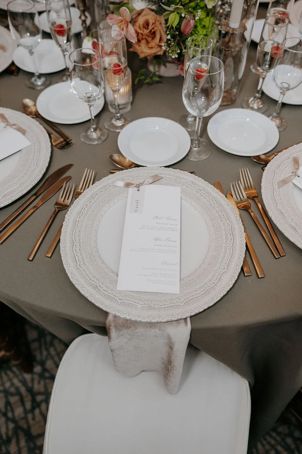 Custom personalized ribbon place card dinner menus for a wedding reception at the Bostonian Hotel in Boston, MA