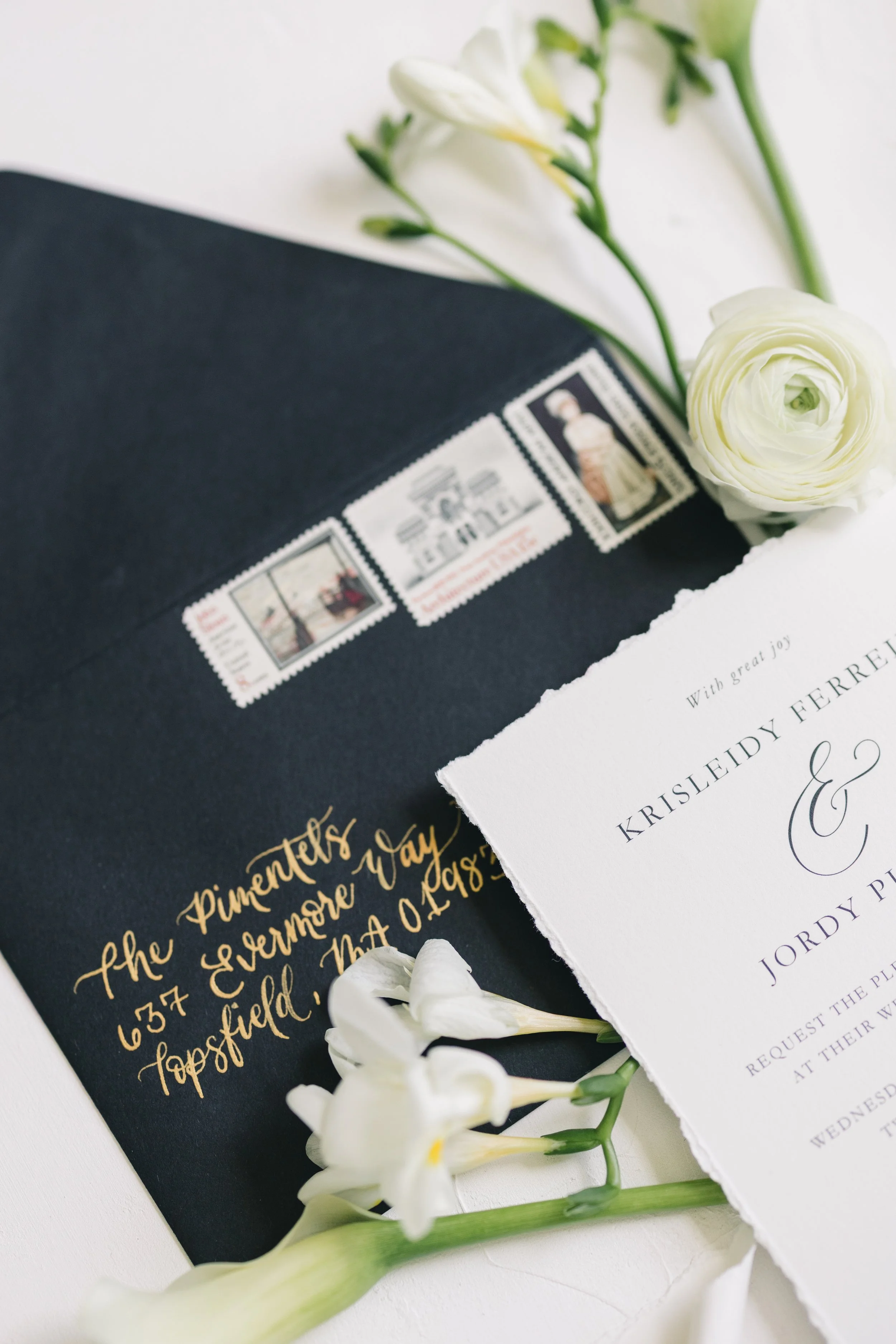 Bespoke deckled-edge cotton wedding invitation suite with vintage stamps, calligraphy, and gold wax seal - The Evermore