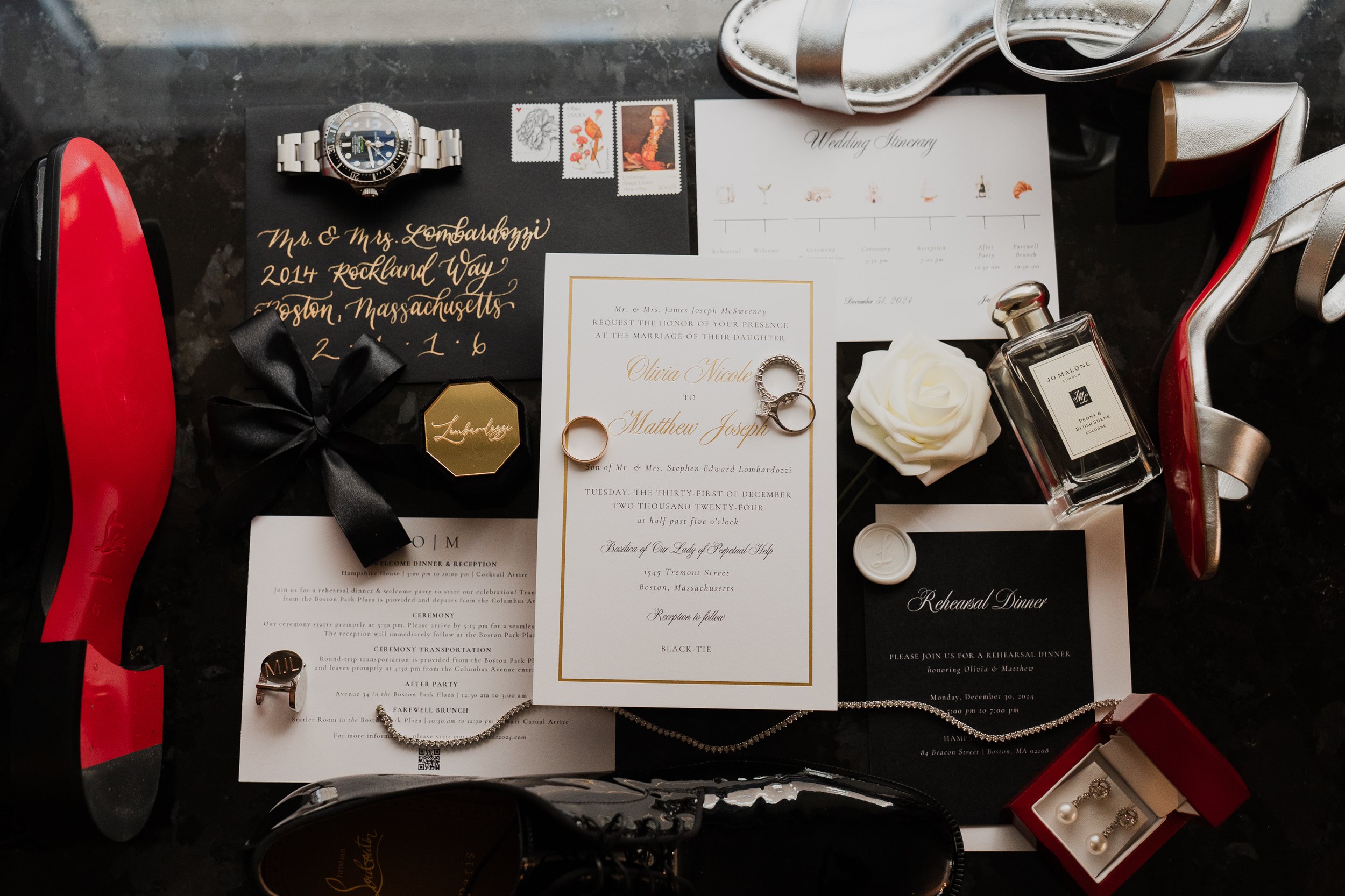 Custom black tie foil printed wedding invitation at the Boston Park Plaza