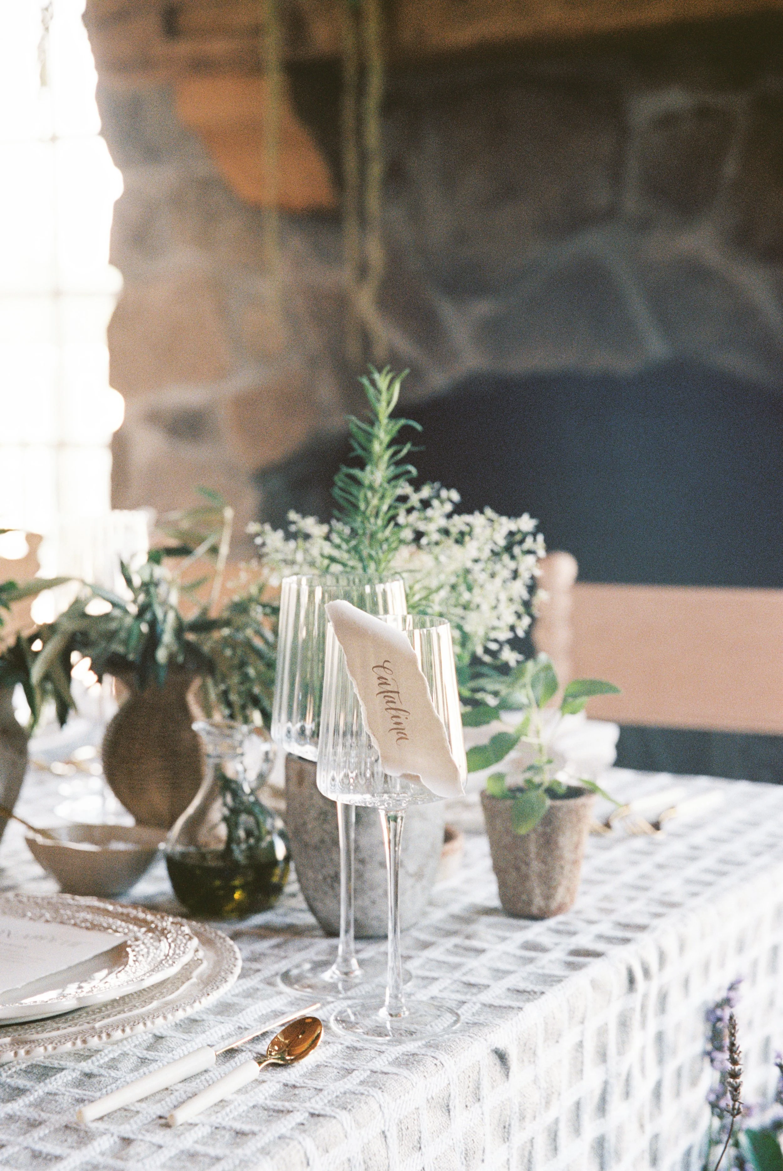 custom neutral, sage, organic wedding with deckled edge cotton scroll place cards with gold calligraphy ink