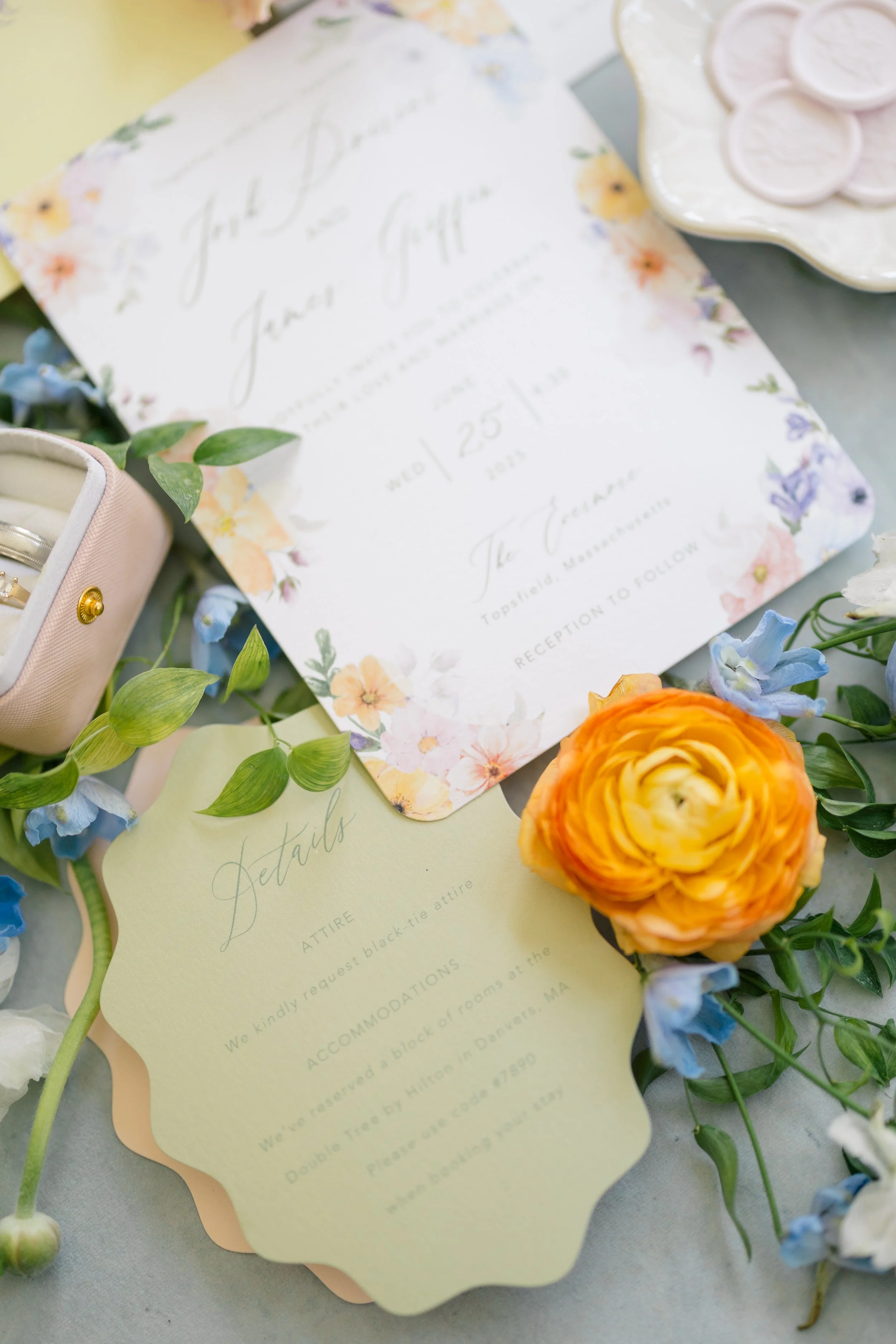 Custom bespoke garden party colorful wedding invitation suite featuring florals, wax seal, and a modern elegant layout  - The Evermore