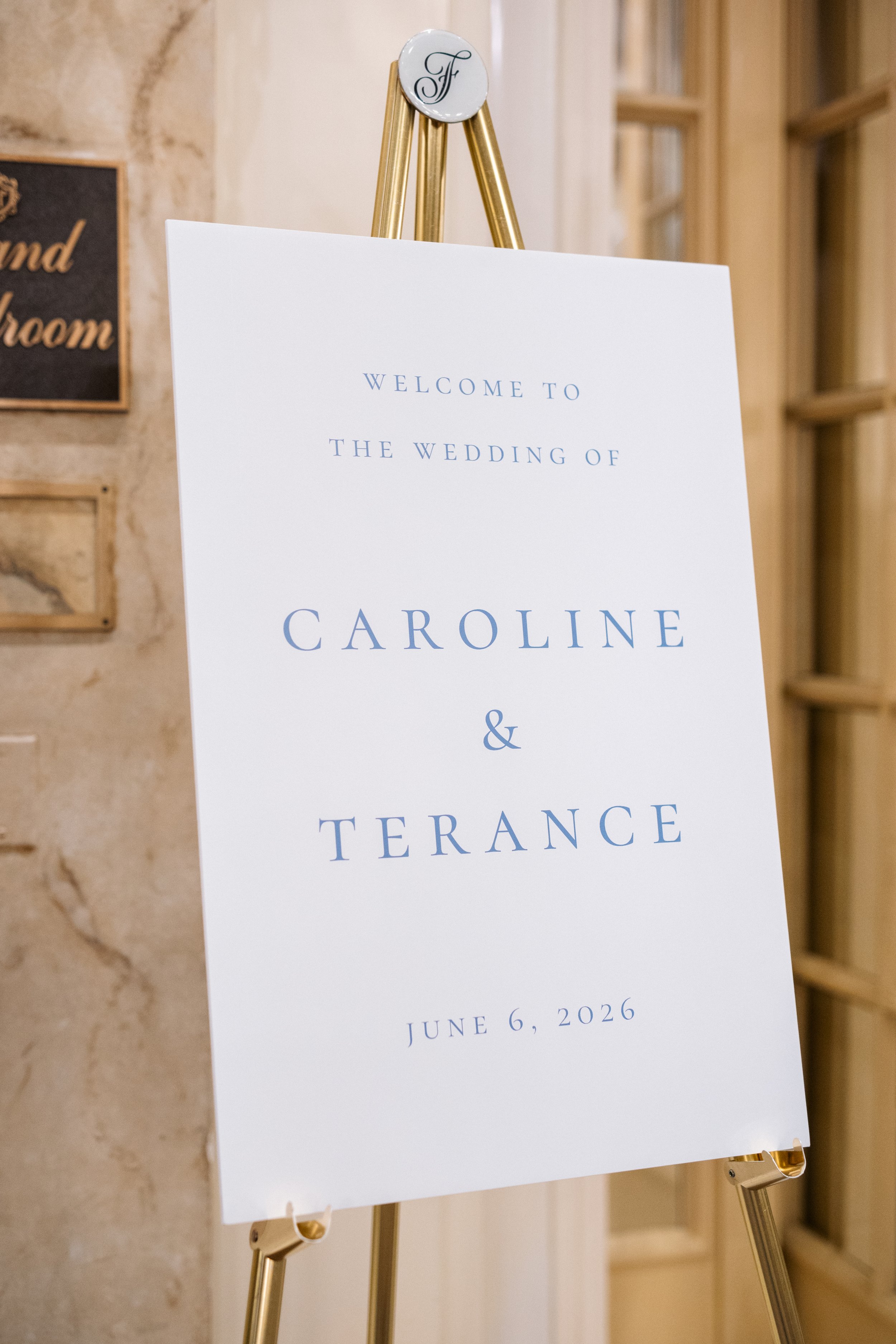 Dusty blue foam board welcome sign at the Fairmont Copley Plaza