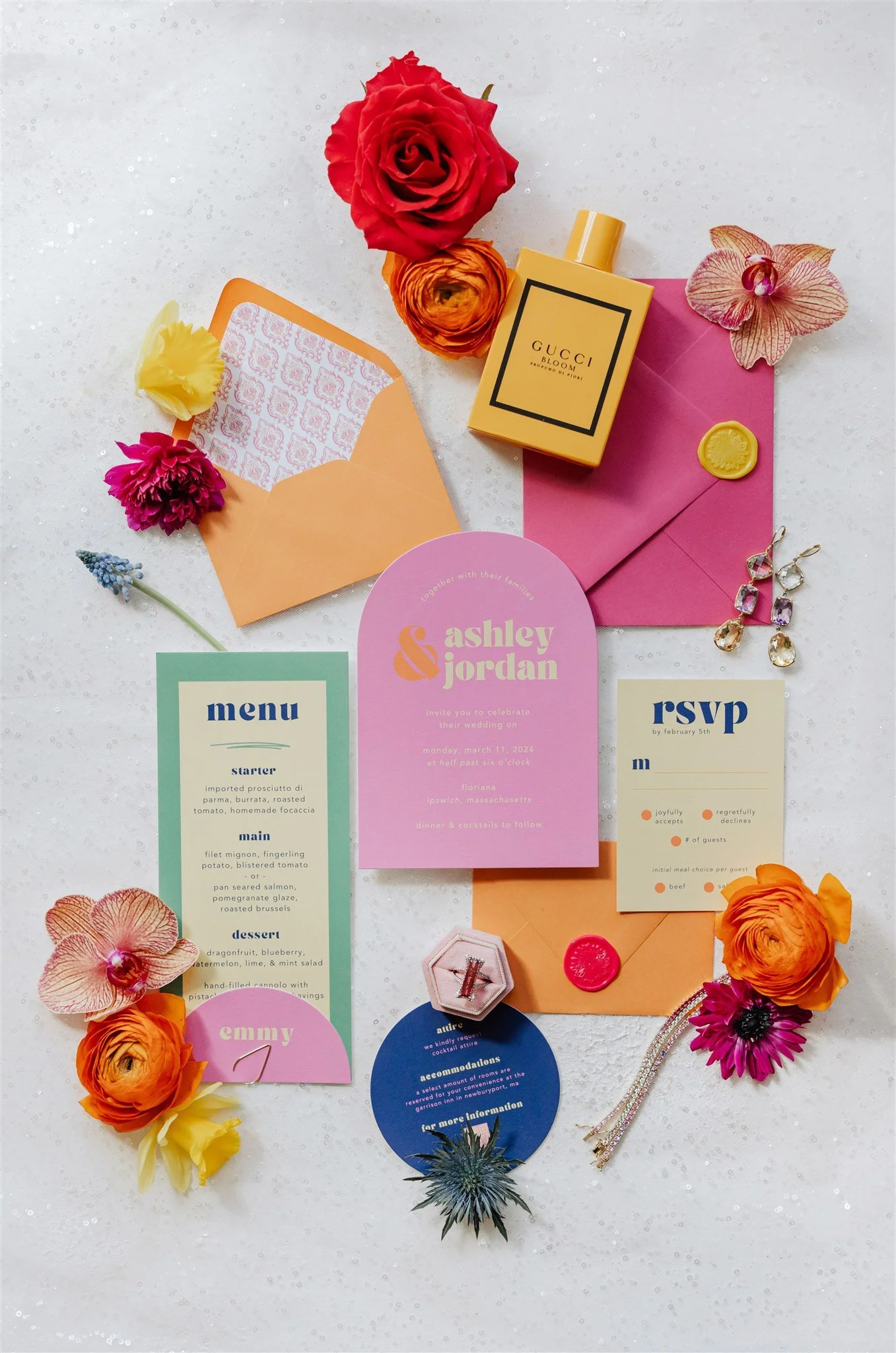 Custom maximalist colorful wedding invitation at Floriana