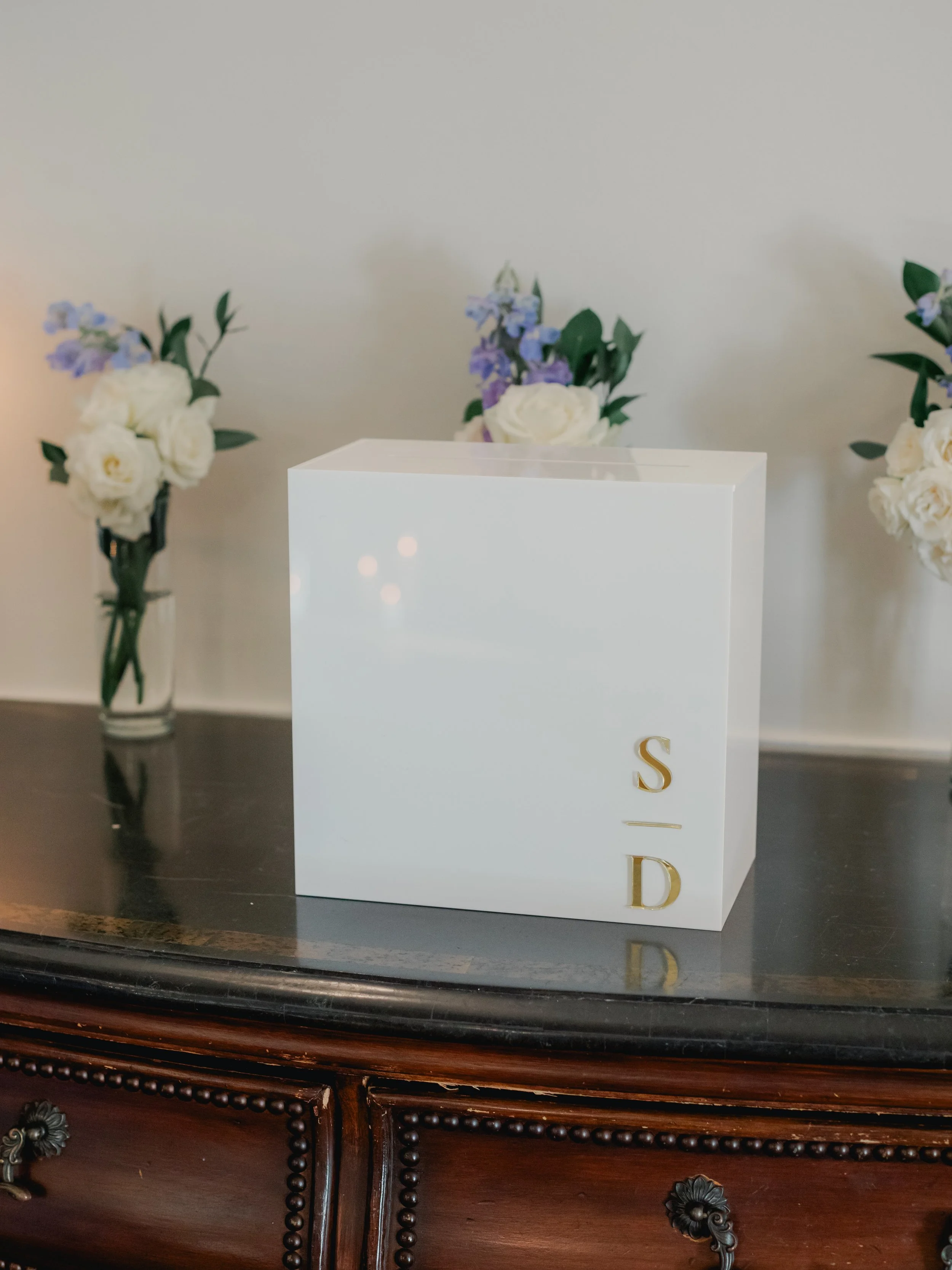 White acrylic card box for coastal blue wedding at OceanCliff Hotel in Newport