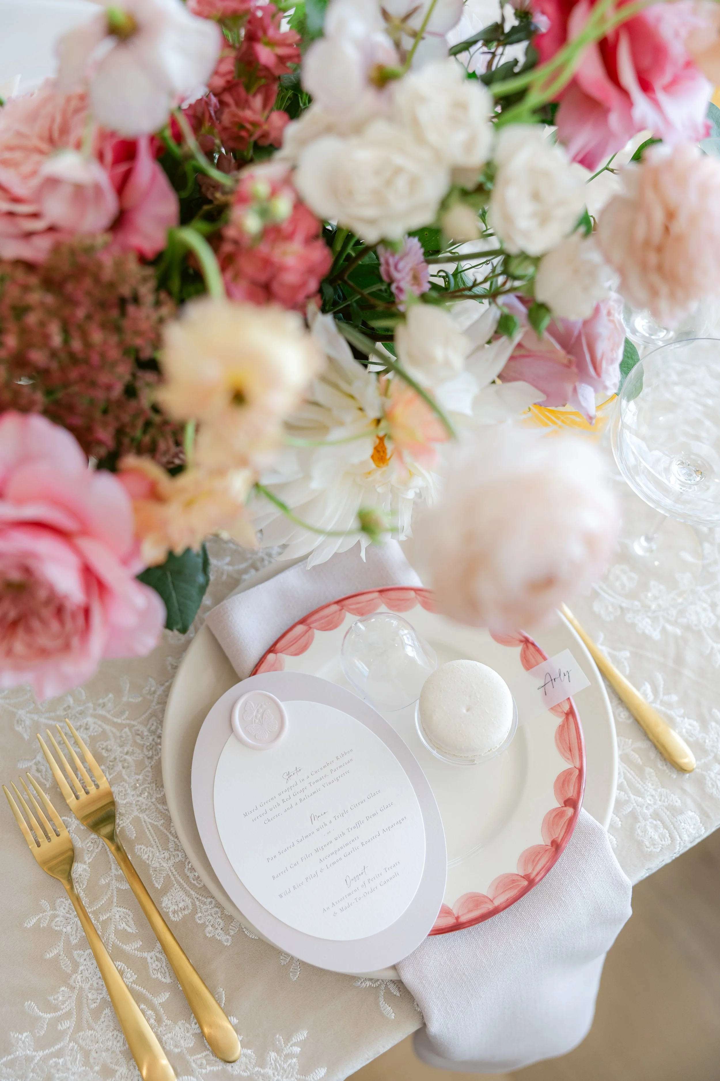 Custom personalized oval dinner menu with peony wax seal on card stock for an elegant wedding at The Lakehouse in Halifax, MA