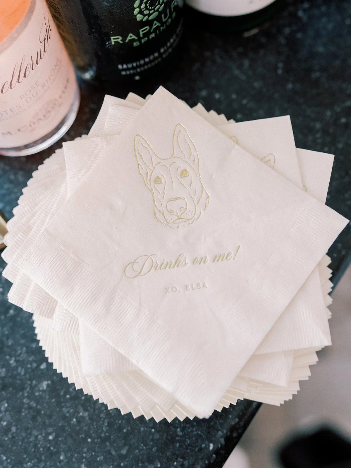 Personalized wedding cocktail napkins on luxury paper featuring a pet drawing at a Boston wedding reception - New England Aquarium
