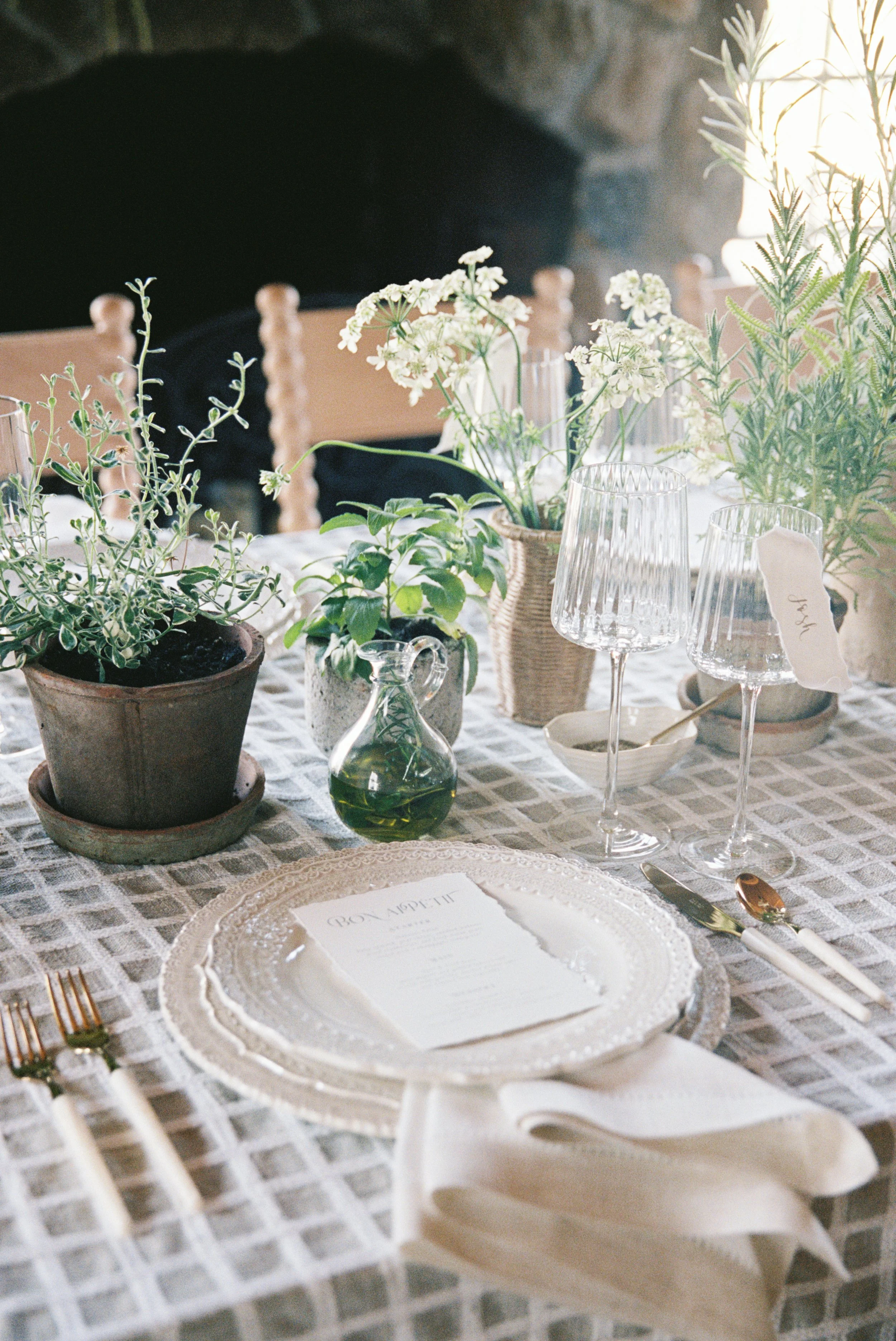 custom neutral, sage, organic wedding with deckled edge cotton paper menus and scroll place cards with gold calligraphy ink