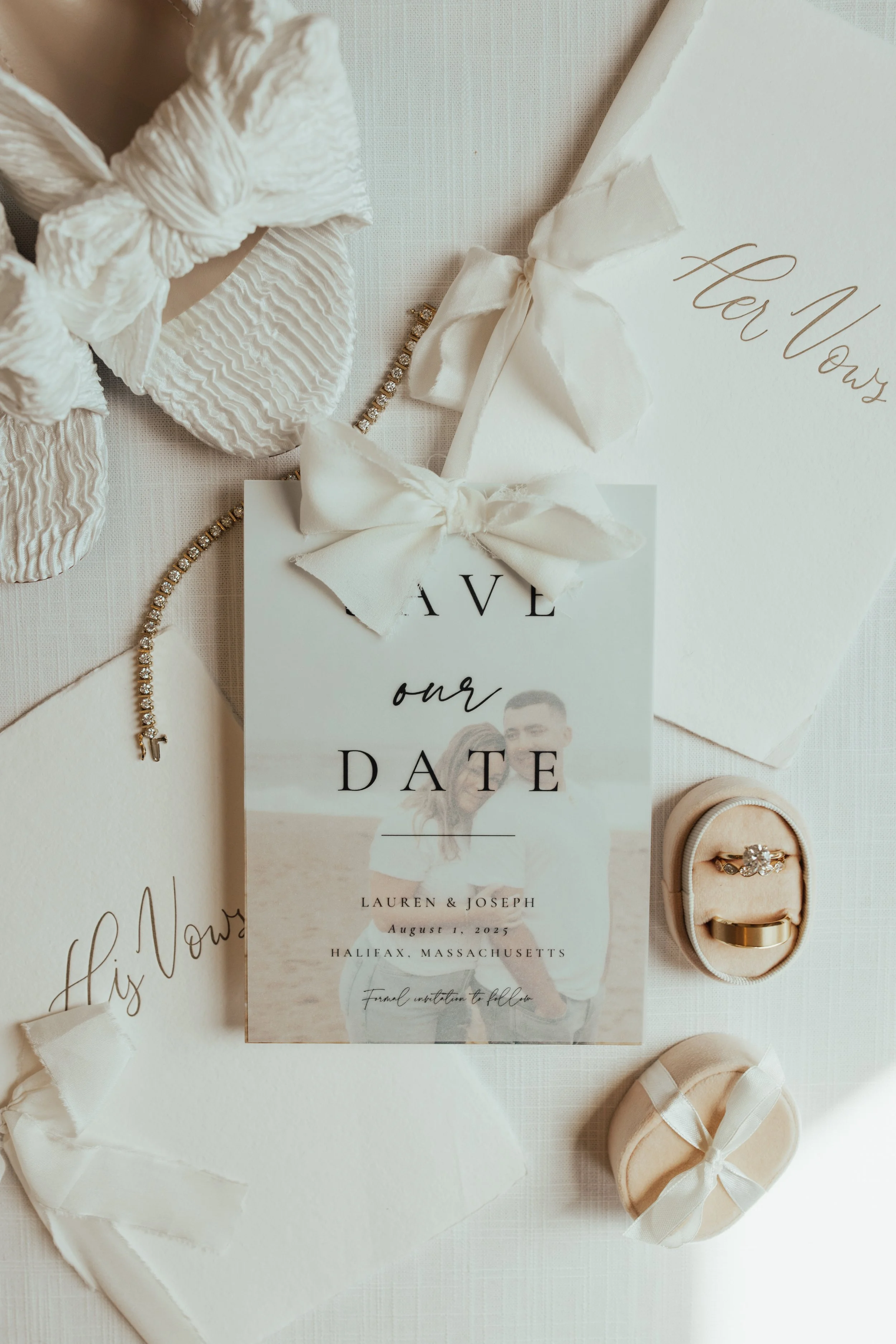 Custom photo save the date with ribbon and vellum at The Lakehouse