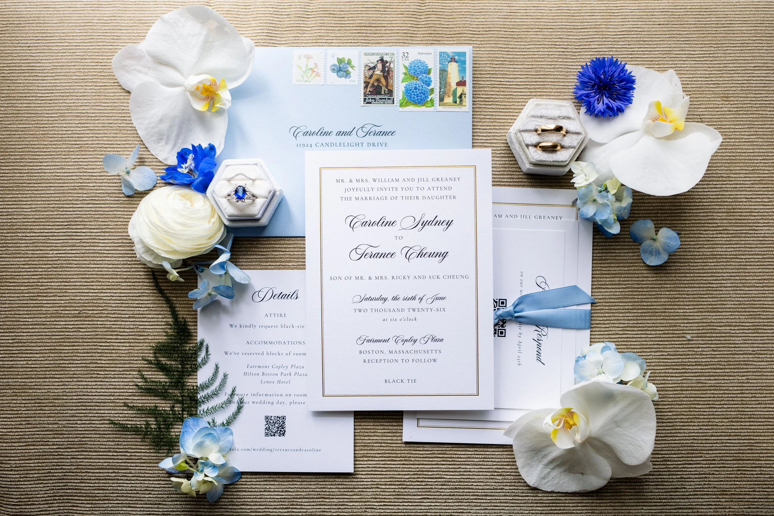 Gold foil wedding invitation suite at the Fairmont Copley Plaza
