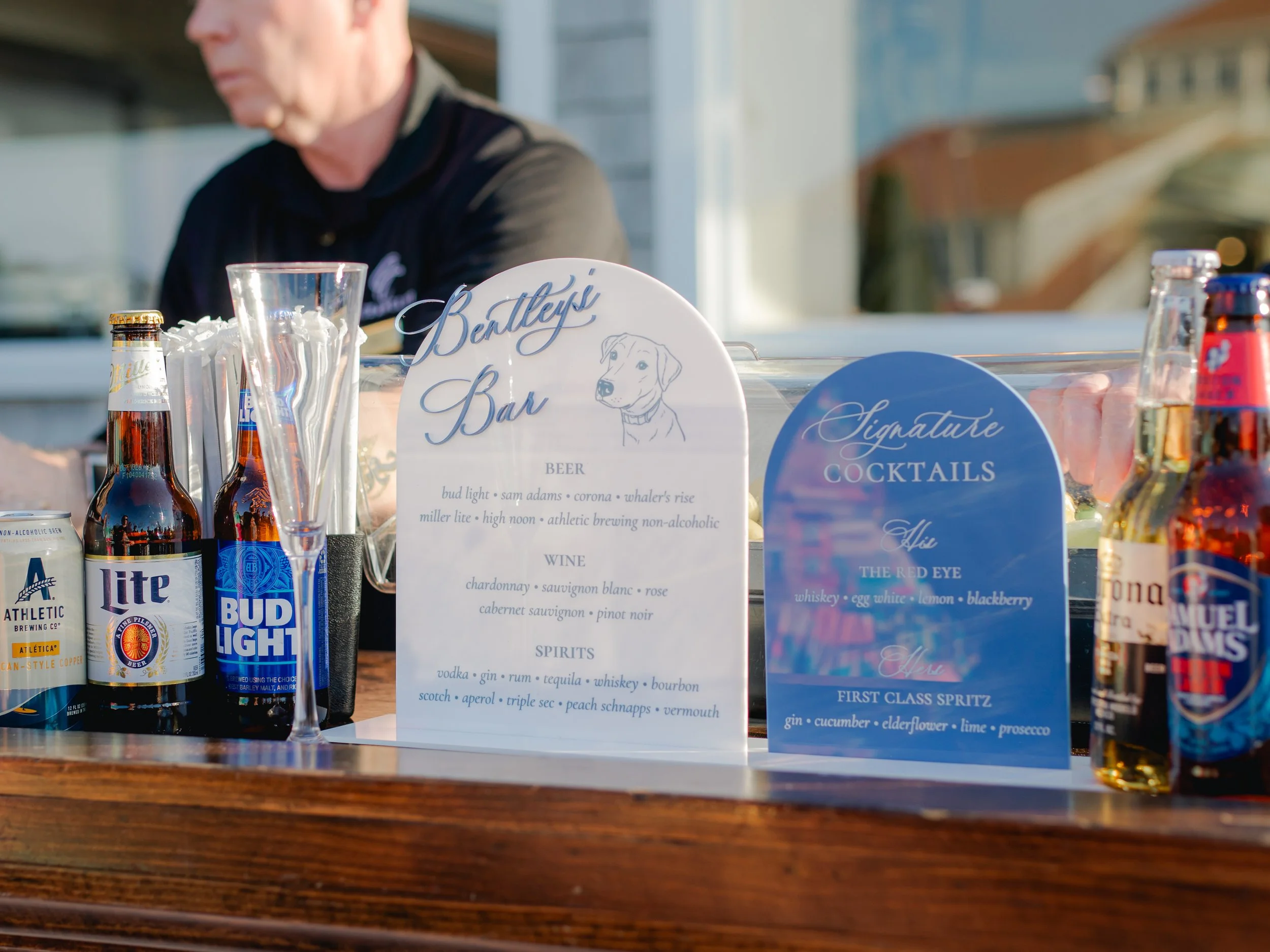 Acrylic pet portrait signature cocktail sign for coastal blue wedding at OceanCliff Hotel in Newport