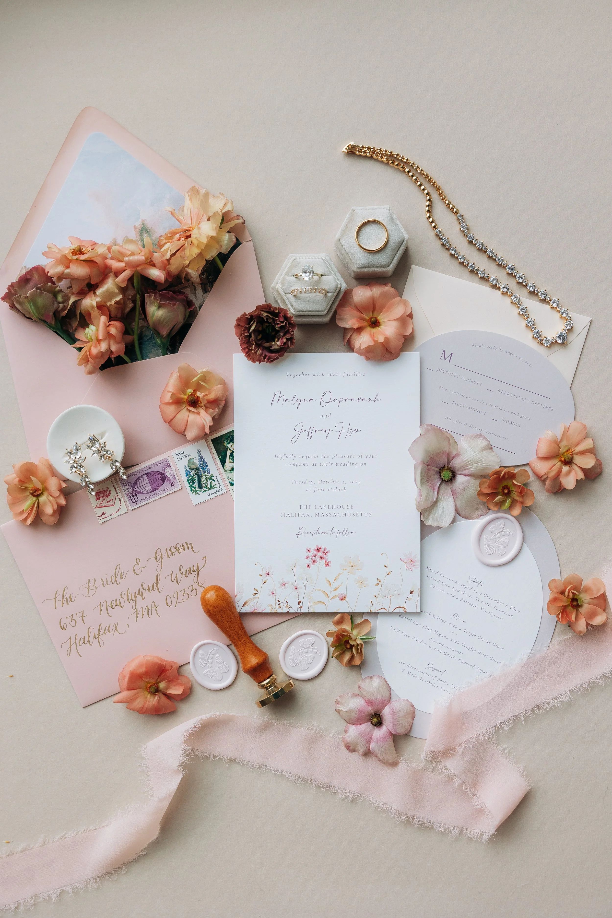 Custom bespoke wedding invitation suite in dusty rose and peony pink with hand-lettered calligraphy and vintage stamps for a New England wedding at The Lakehouse