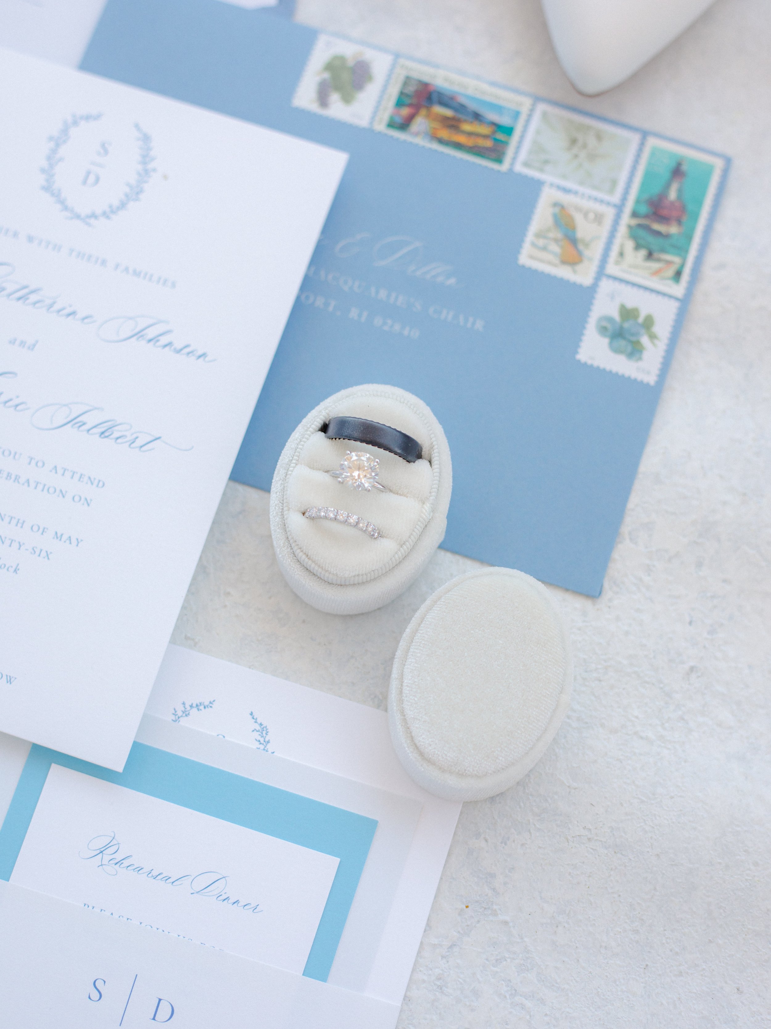 Coastal wedding invitation suite with vintage stamps and Newport bridge for OceanCliff Hotel