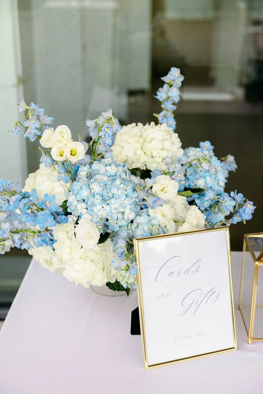 Custom cards and gifts wedding sign on luxury card stock in a gold frame for a classic, elegant coastal wedding at the ICA in Boston, MA