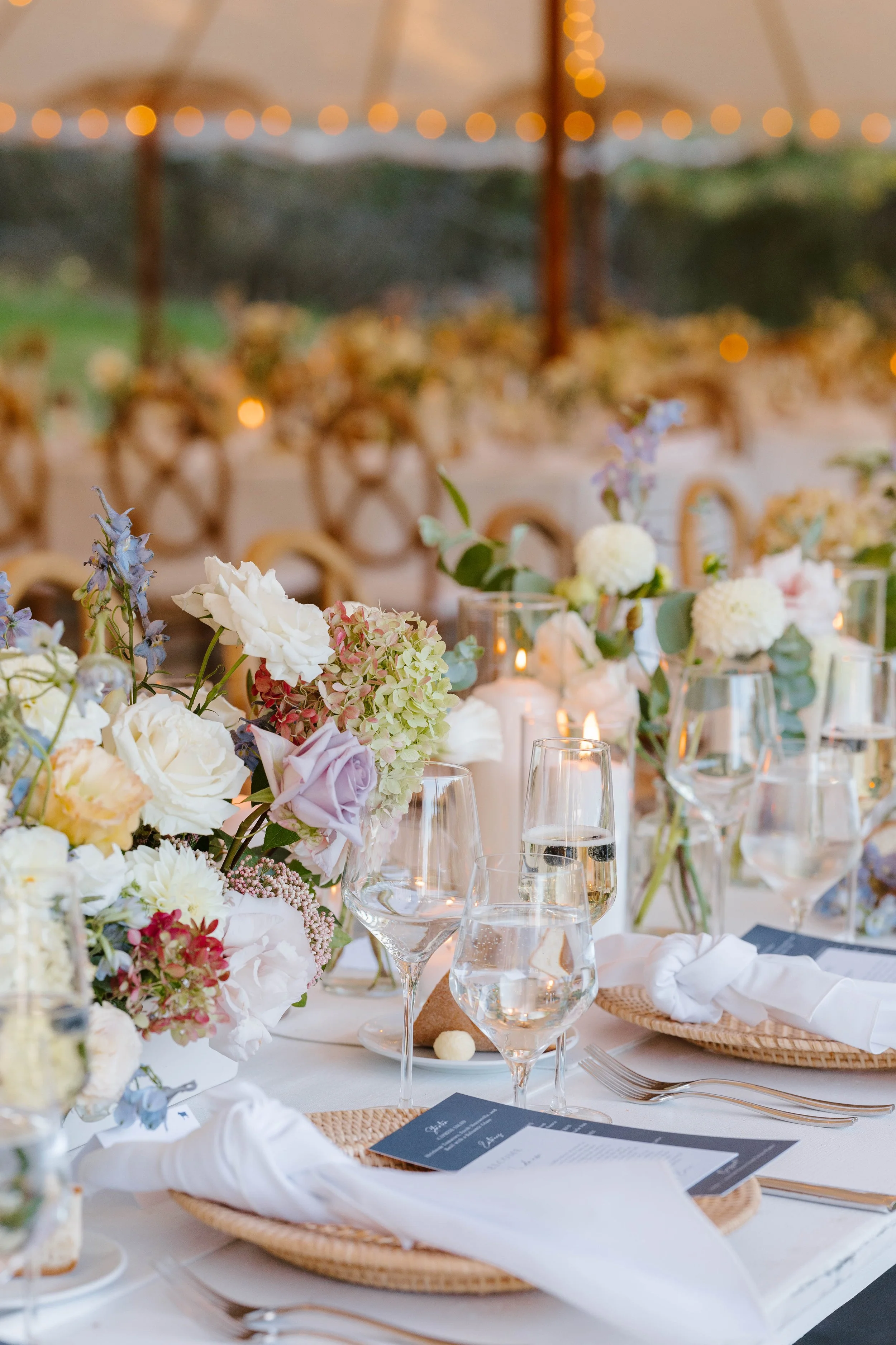 Personalized wedding dinner menus with thank you note on navy blue luxury card stock featuring modern typography and elegant layout for a coastal wedding at the Inn at Diamond Cove