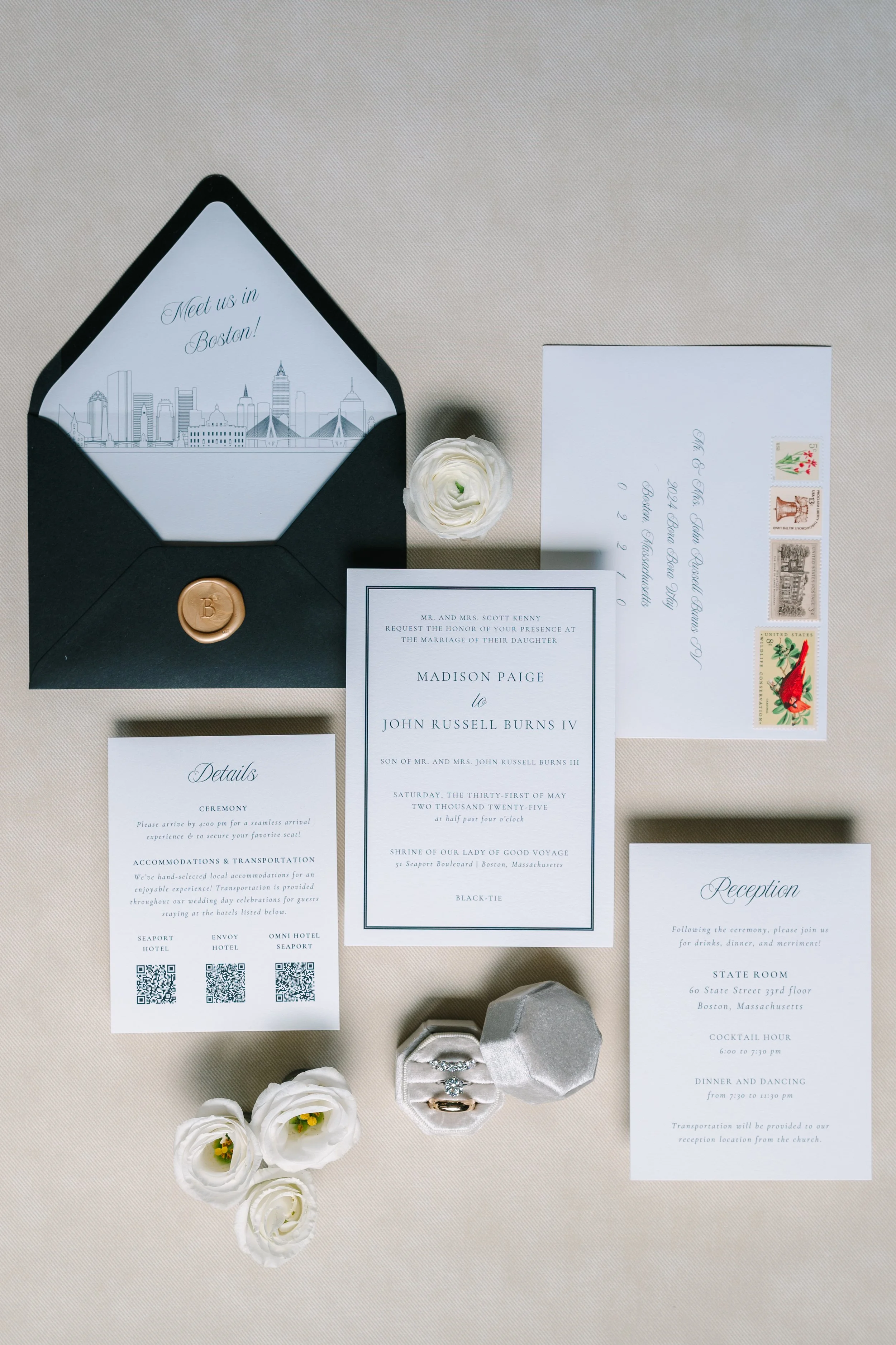 Custom bespoke wedding invitation suite featuring a modern elegant layout, border, and Boston skyline artwork at a Boston wedding reception - State Room