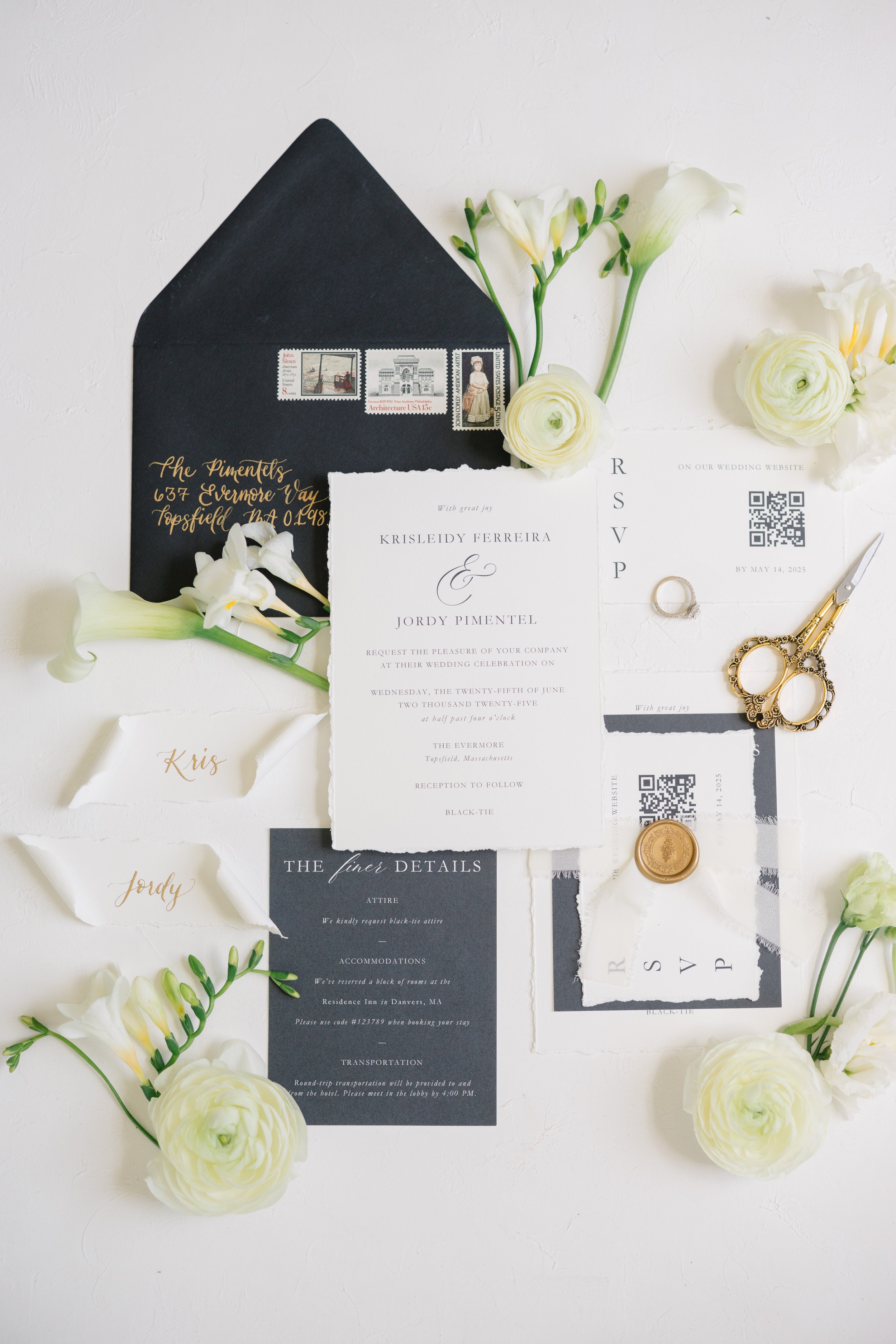 Bespoke deckled-edge cotton wedding invitation suite with vintage stamps, calligraphy, and gold wax seal - The Evermore