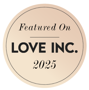 Beige logo featuring black text that reads Featured on LOVE INC. 2025