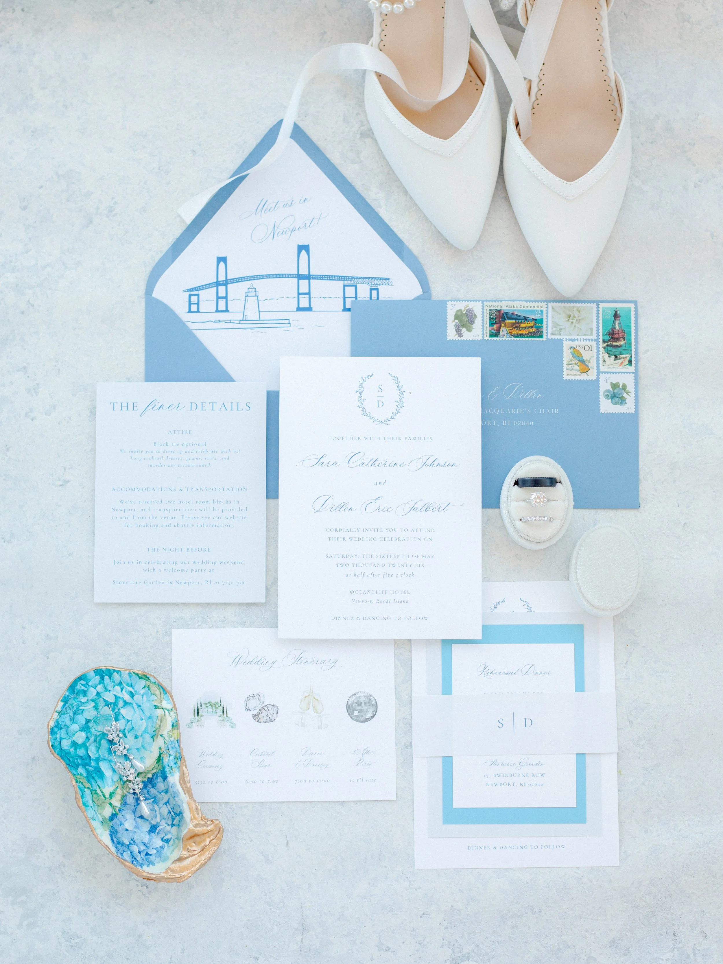 Watercolor wedding invitation suite at OceanCliff Hotel