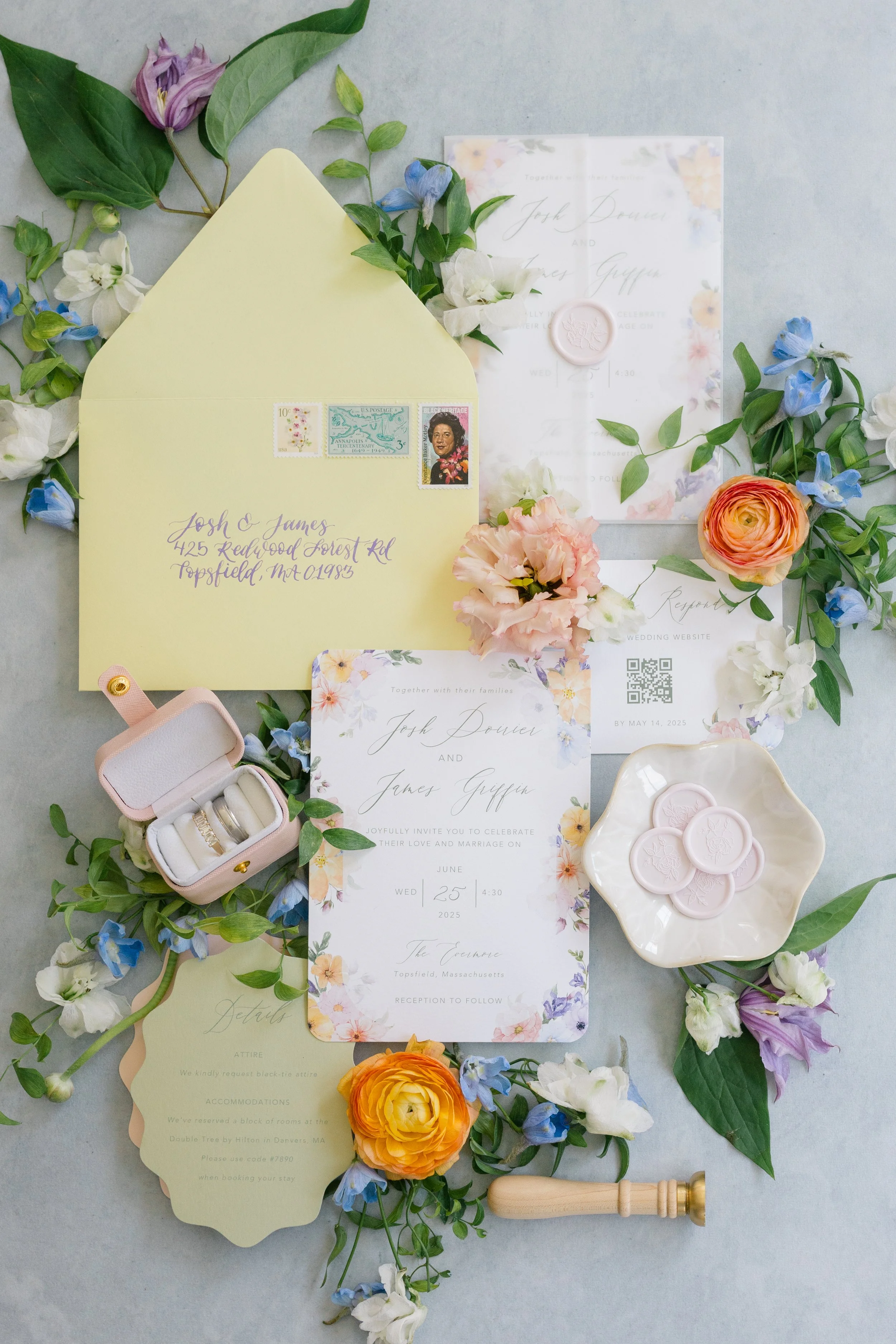 Custom, colorful garden bespoke wedding invitation suite with hand-lettered calligraphy and vintage stamps for a New England wedding at The Evermore in Topsfield, MA