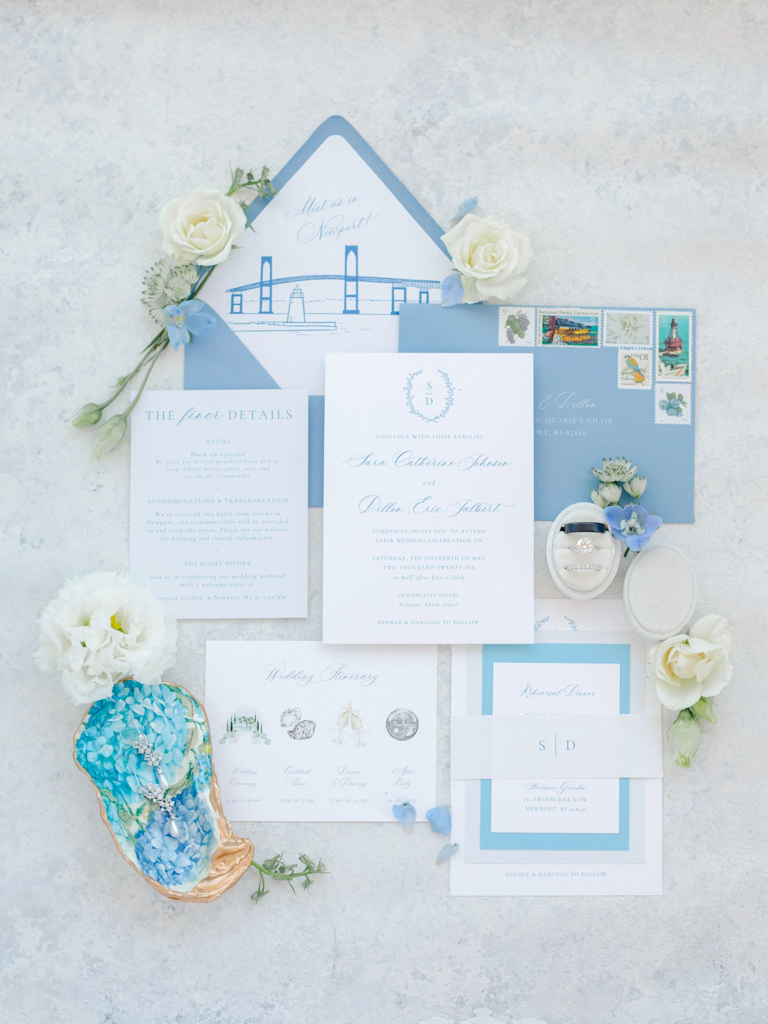 Bespoke coastal wedding invitation suite at the OceanCliff in Newport, RI